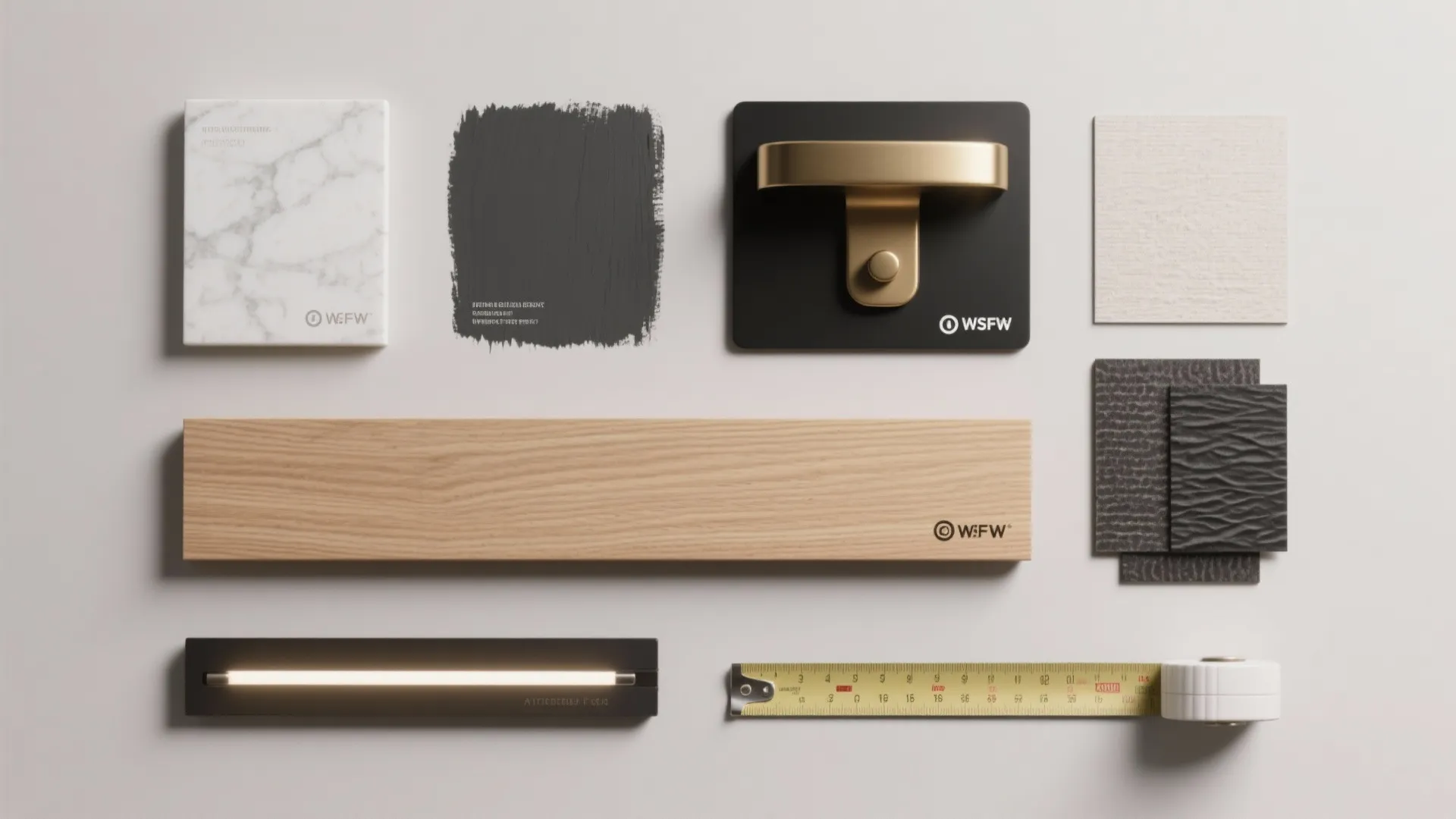 Interior design material board with wood plank marble tile black paint gold handle and measuring tape