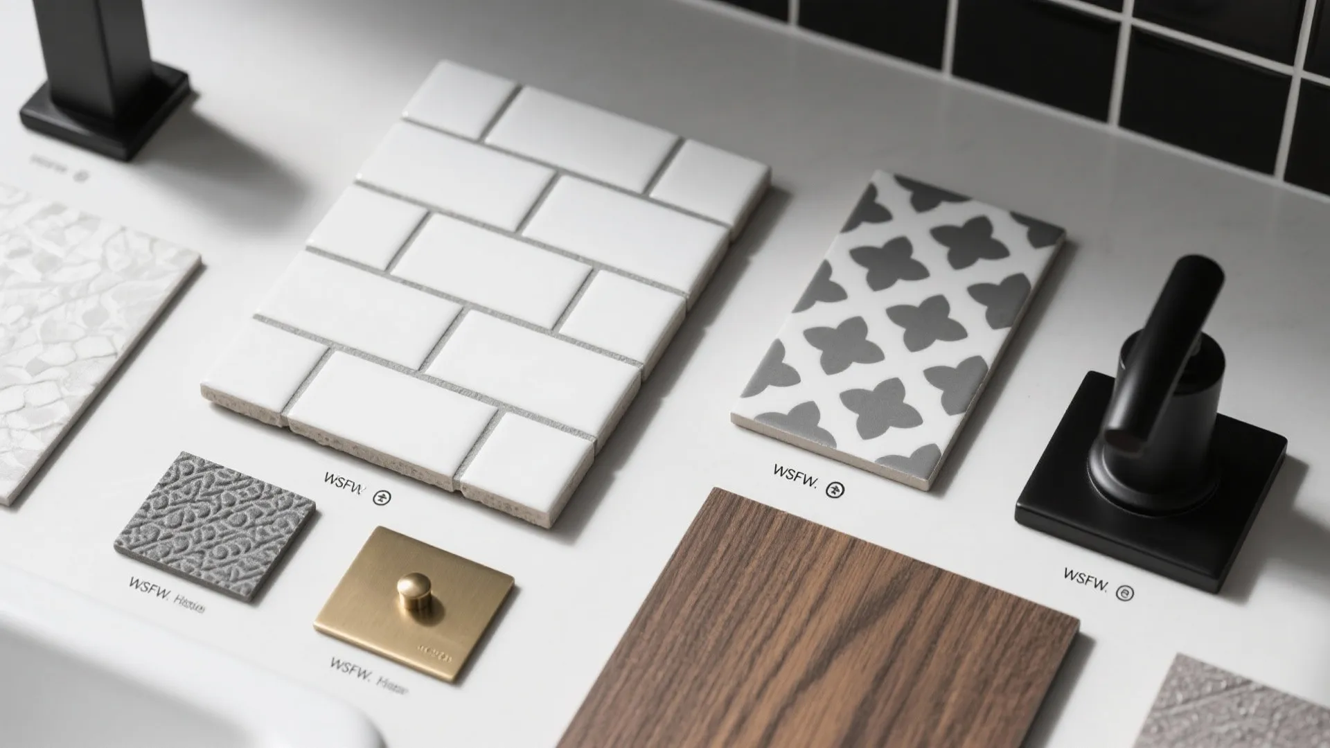 Interior design material board with white brick tiles wood sample patterned tile and black faucet