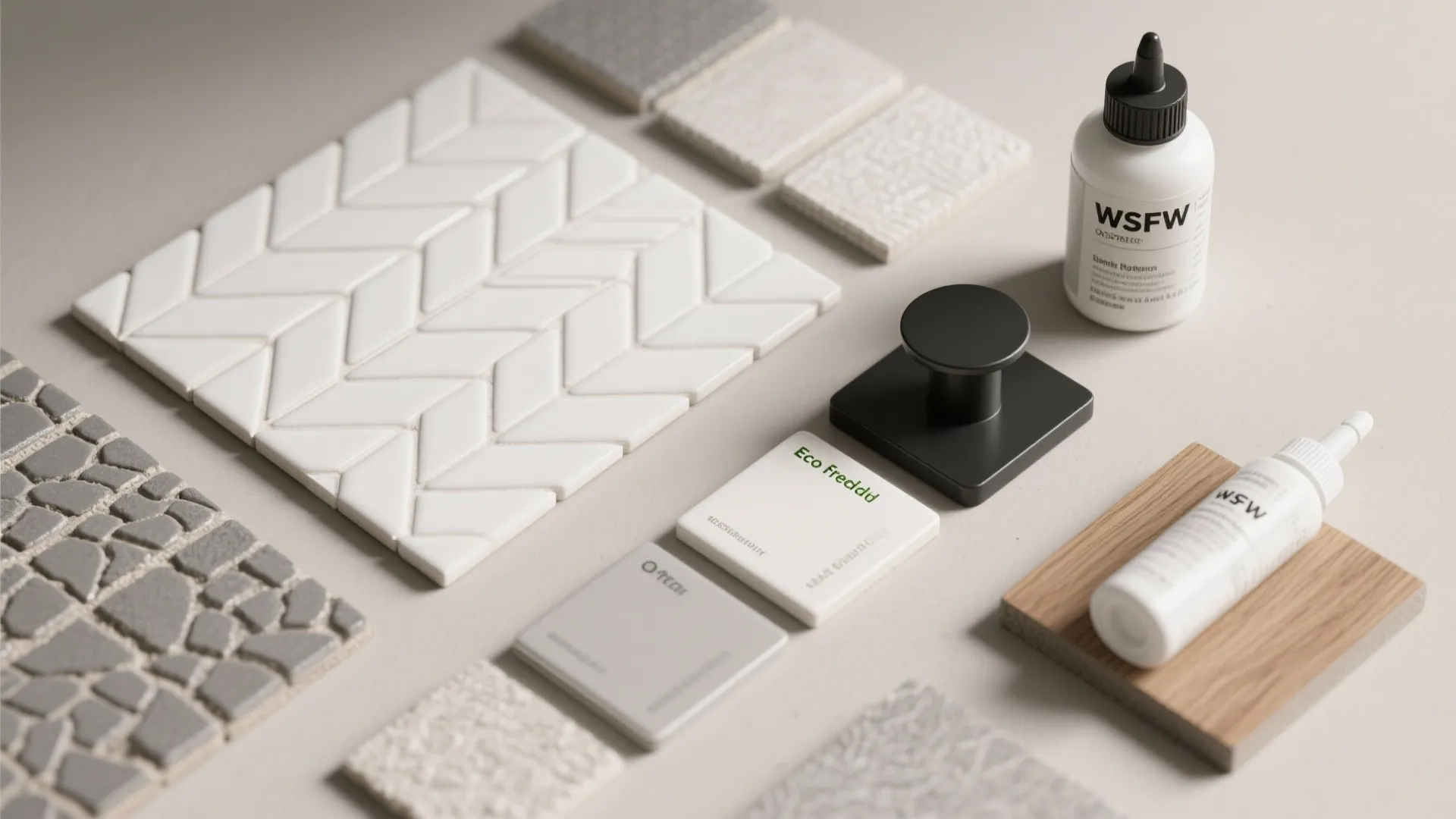 Interior design material samples including white tiles, wood blocks, stone patterns, and small liquid bottles