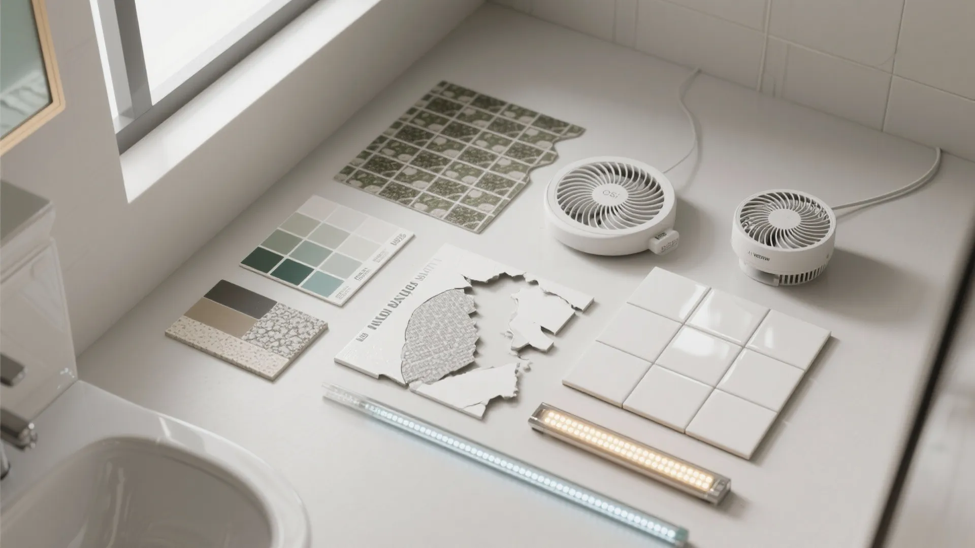 Flatlay of washable paint swatches, grout and tile samples for a windowless bathroom.