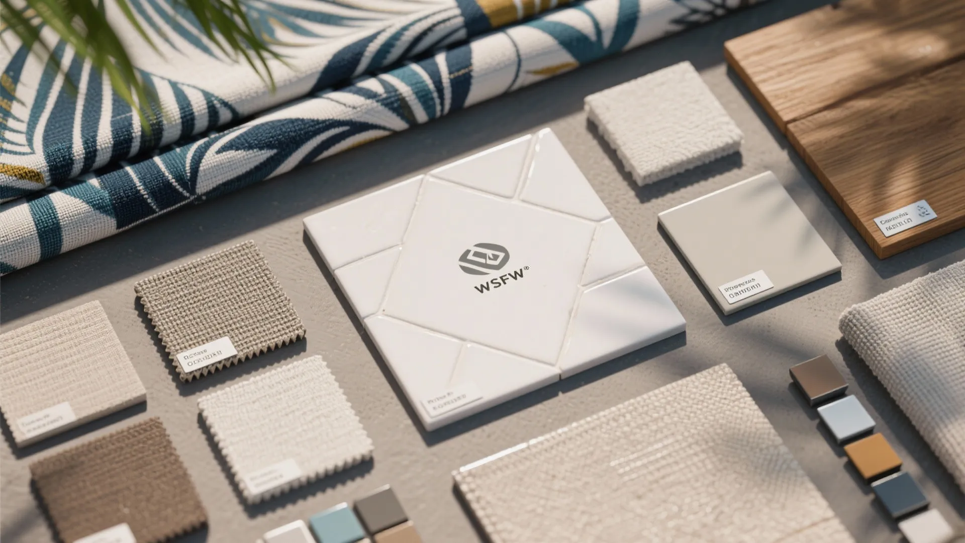 Material flatlay of marine-grade fabrics, porcelain tiles and powder-coated finishes for tropical resort suites