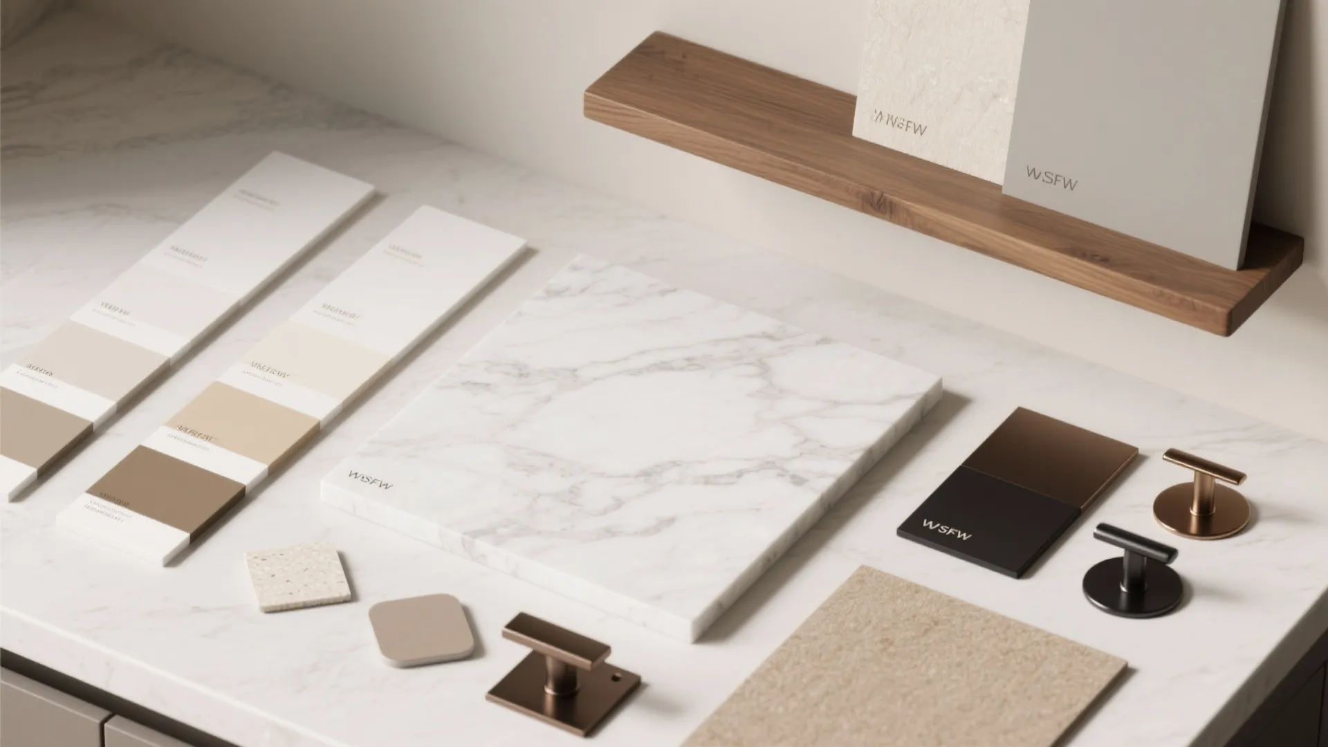 Top-down flatlay of beige and white kitchen material samples including paint swatches, quartz and hardware.