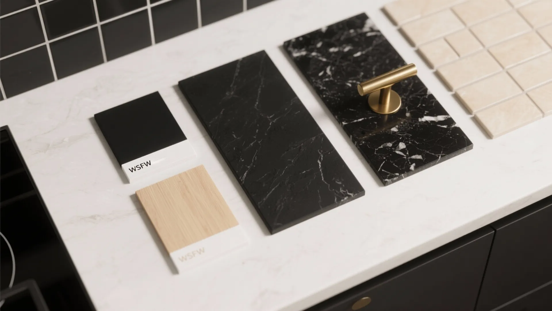 Top-down flatlay of black, beige and wood material samples with brass hardware and quartz chip