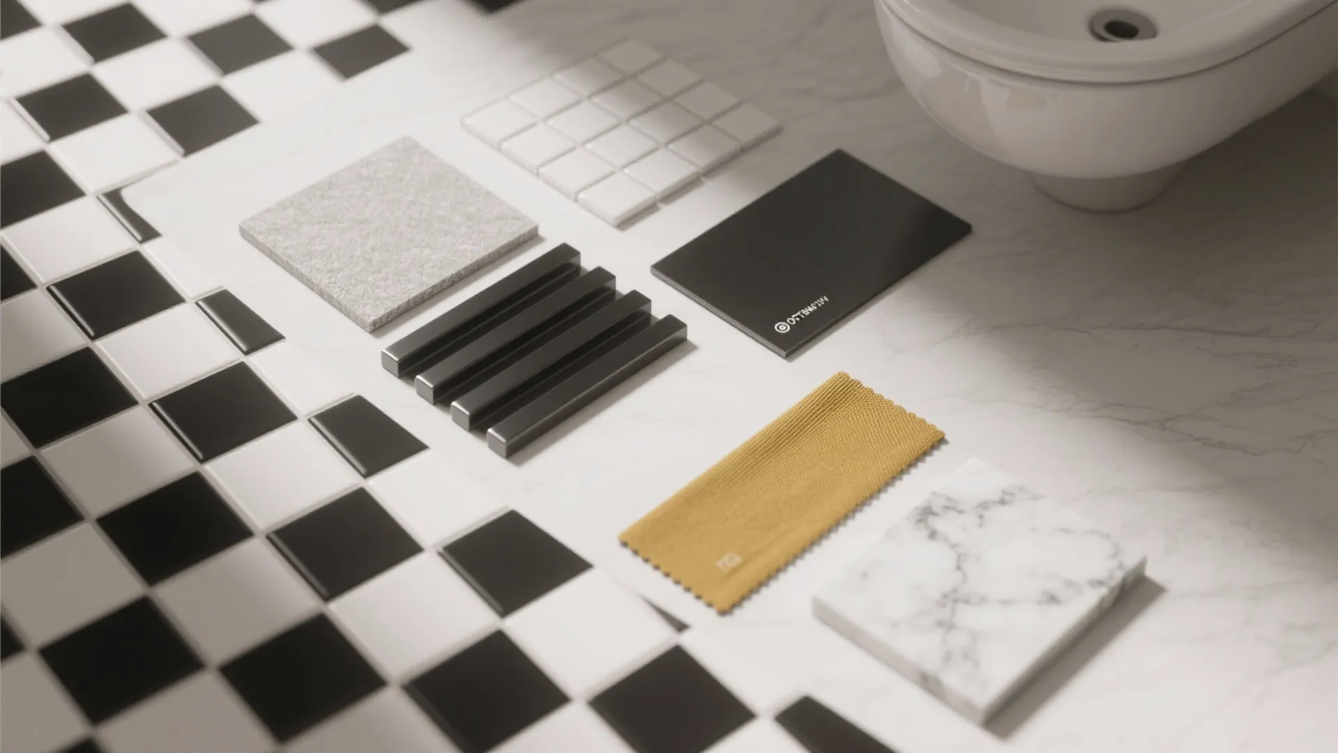 Interior design material board with tiles marble stone and yellow fabric samples on marble table