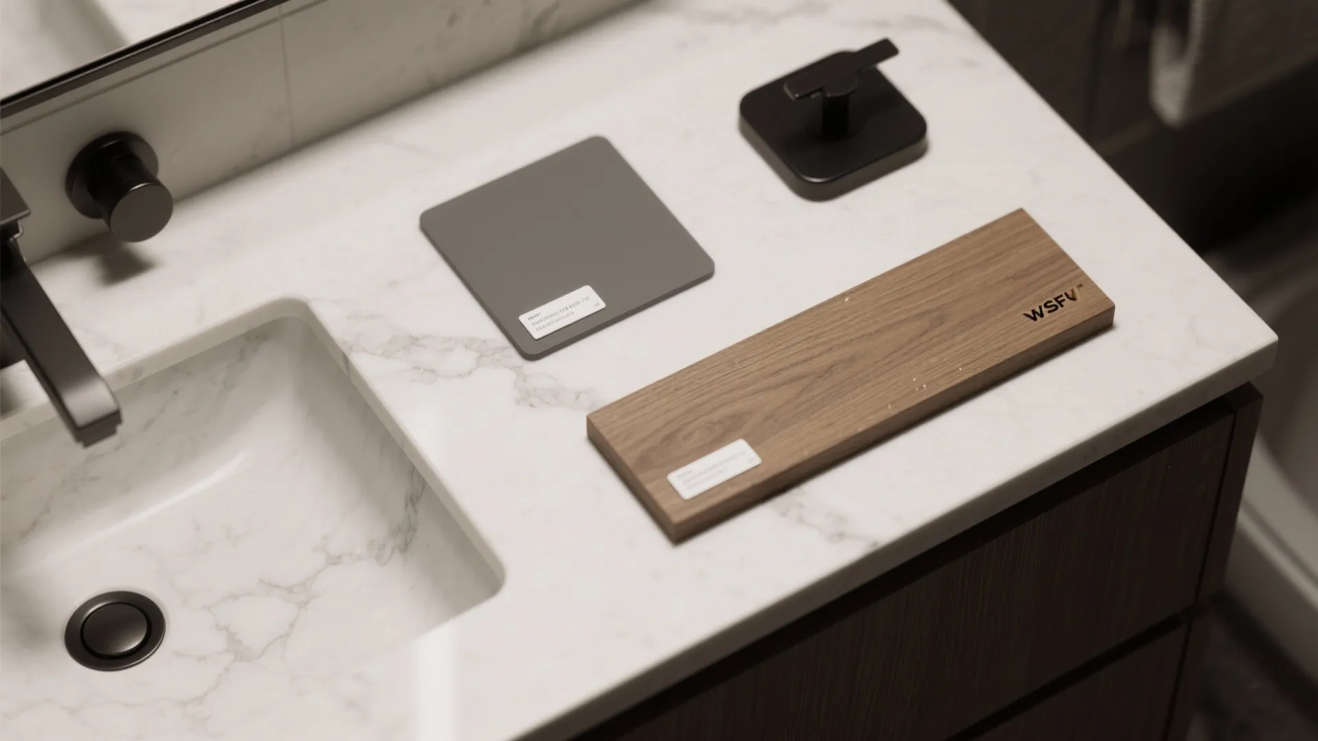 White marble bathroom sink with grey and wood material samples placed on the stone countertop
