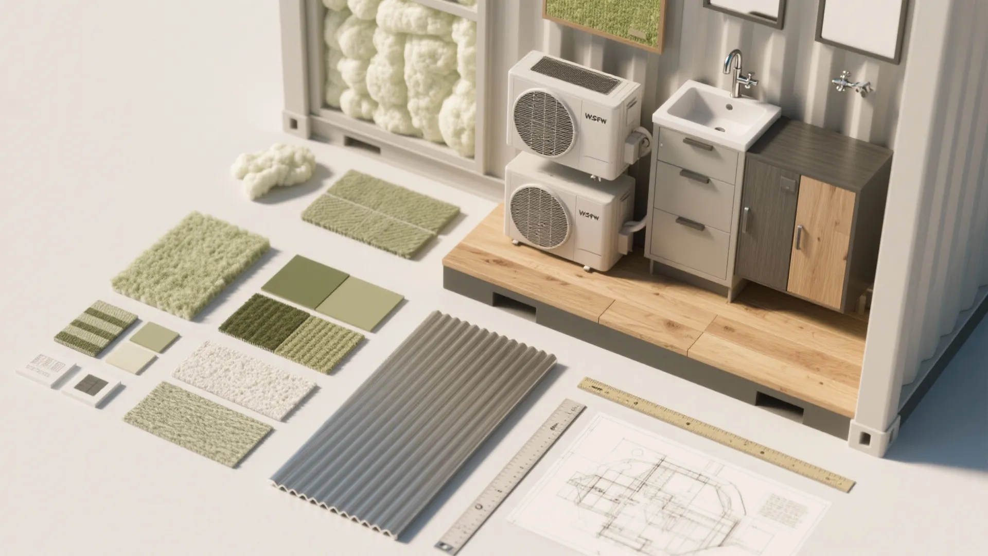 Material flatlay with insulation, cabinet finish samples, plumbing fixtures, and floor plank for a container home.