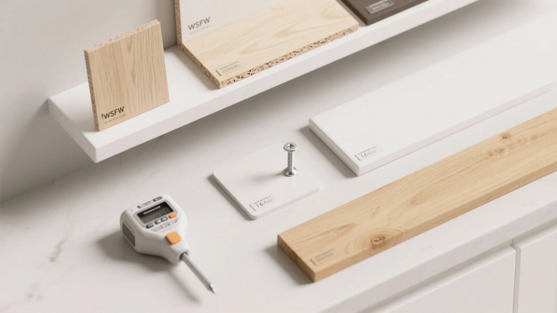 Flatlay of painted pine, birch plywood, solid wood samples and hardware for floating shelves