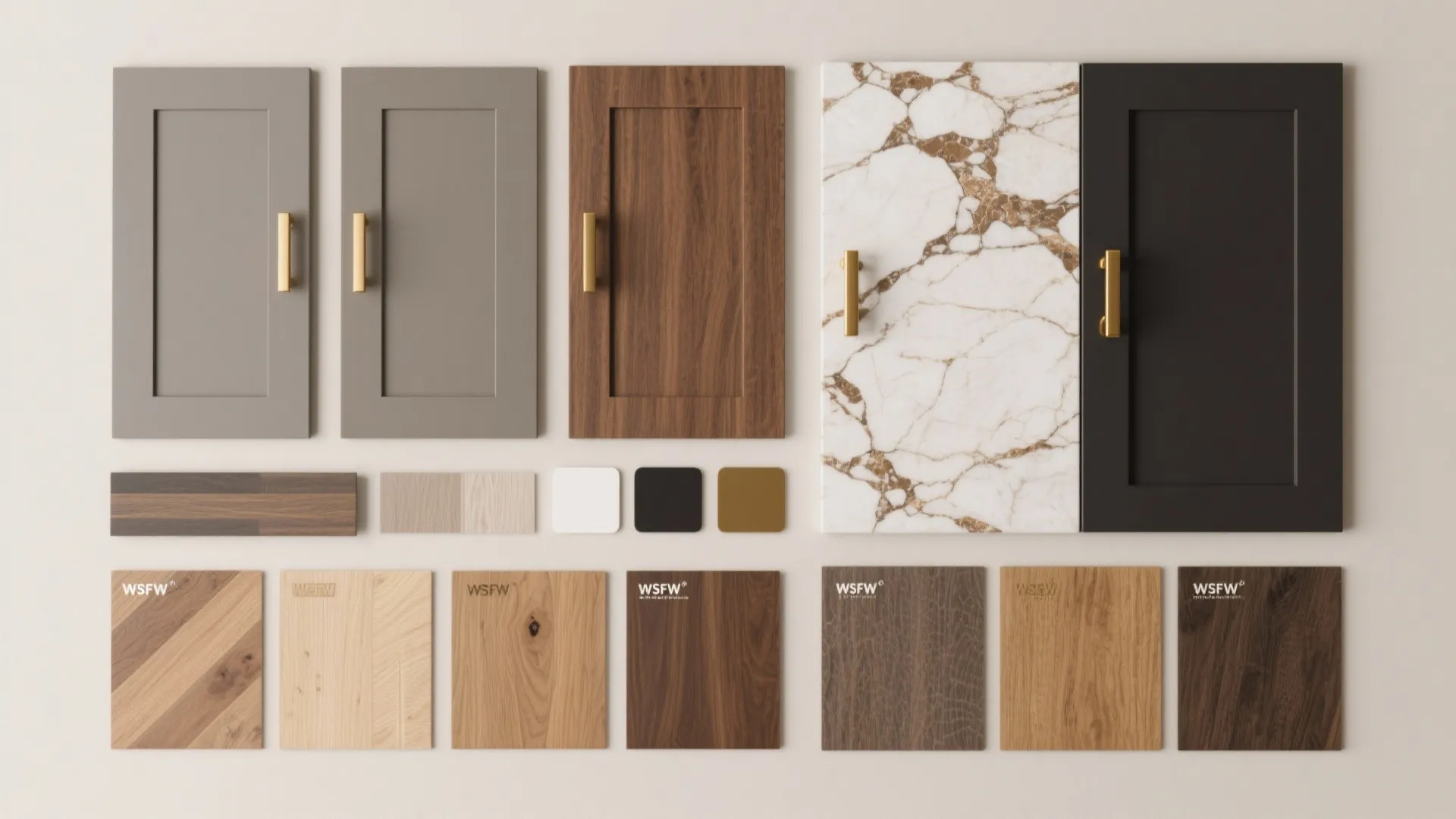 Top-down material flatlay with gray and brown cabinet samples, hardware and stone chips for planning.