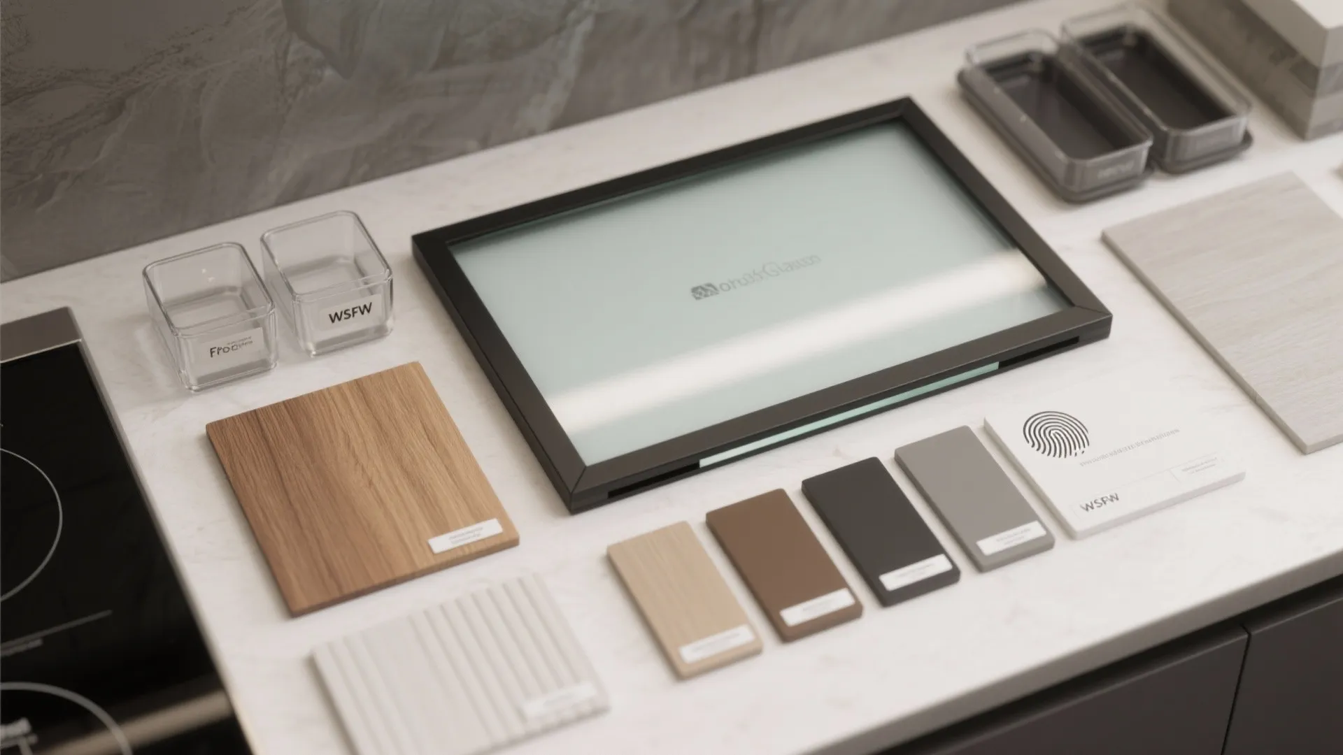 Flatlay of frosted glass panel, frame samples, wood swatches, and labeled storage bins