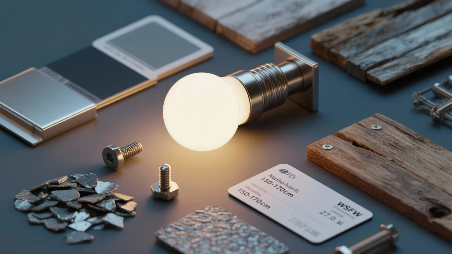 Flatlay of material samples including marine-grade metal, reclaimed wood, fasteners and a 2700K LED bulb.