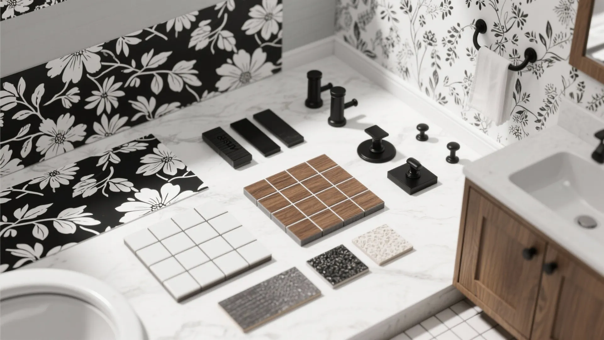 Bathroom design flat lay with wood tiles white mosaic black handles and floral wallpaper pattern samples