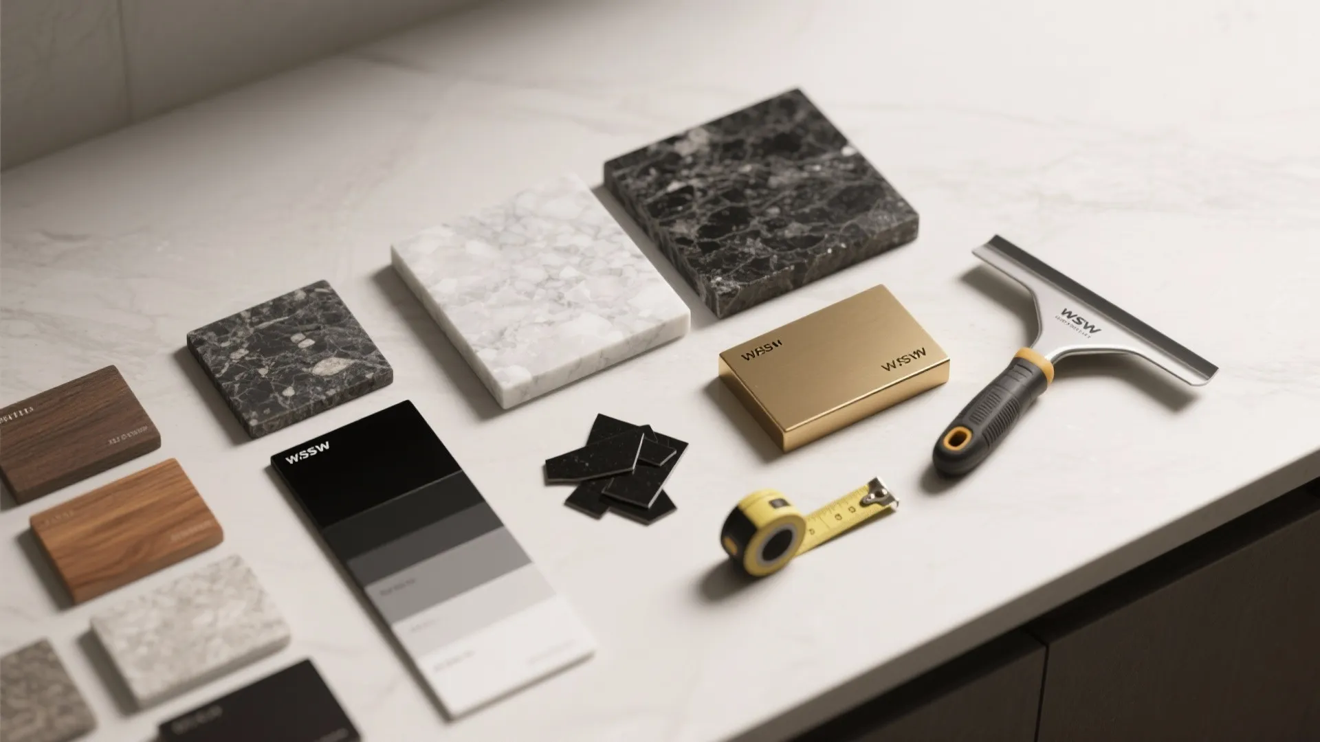 Interior design material board with stone tiles wood samples color palette tape measure and scraper tool