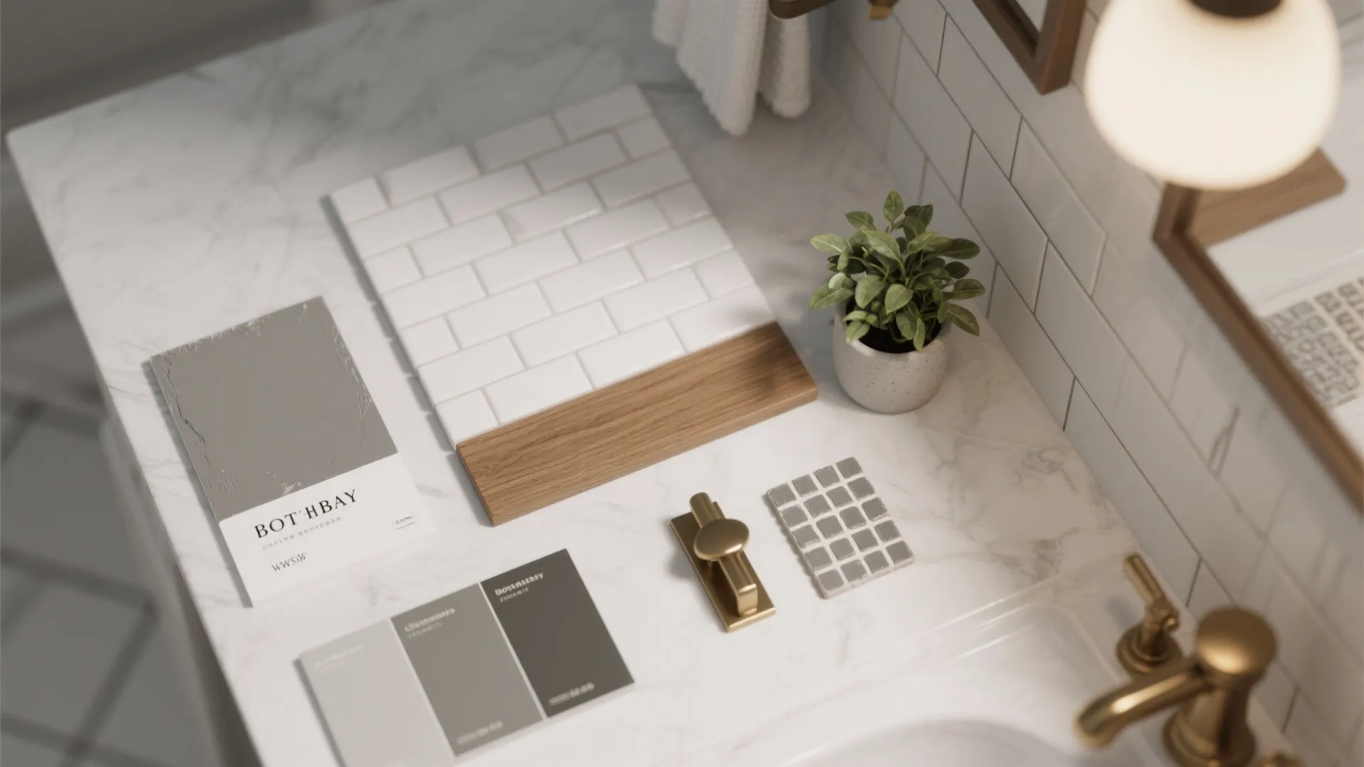 Bathroom renovation material board with white tiles wood accents grey paint swatches and gold faucet