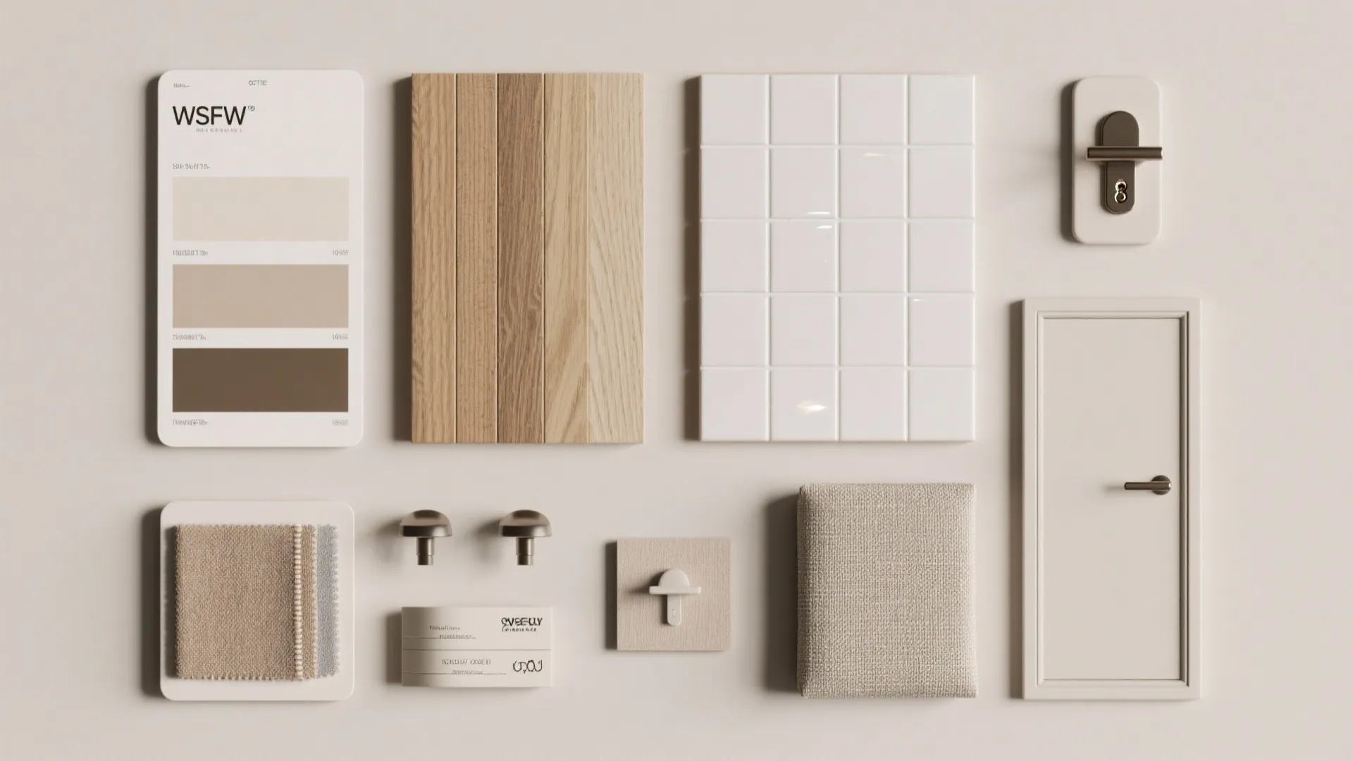 Material samples flatlay showing paint, wood, tile and fabric options for a compact apartment