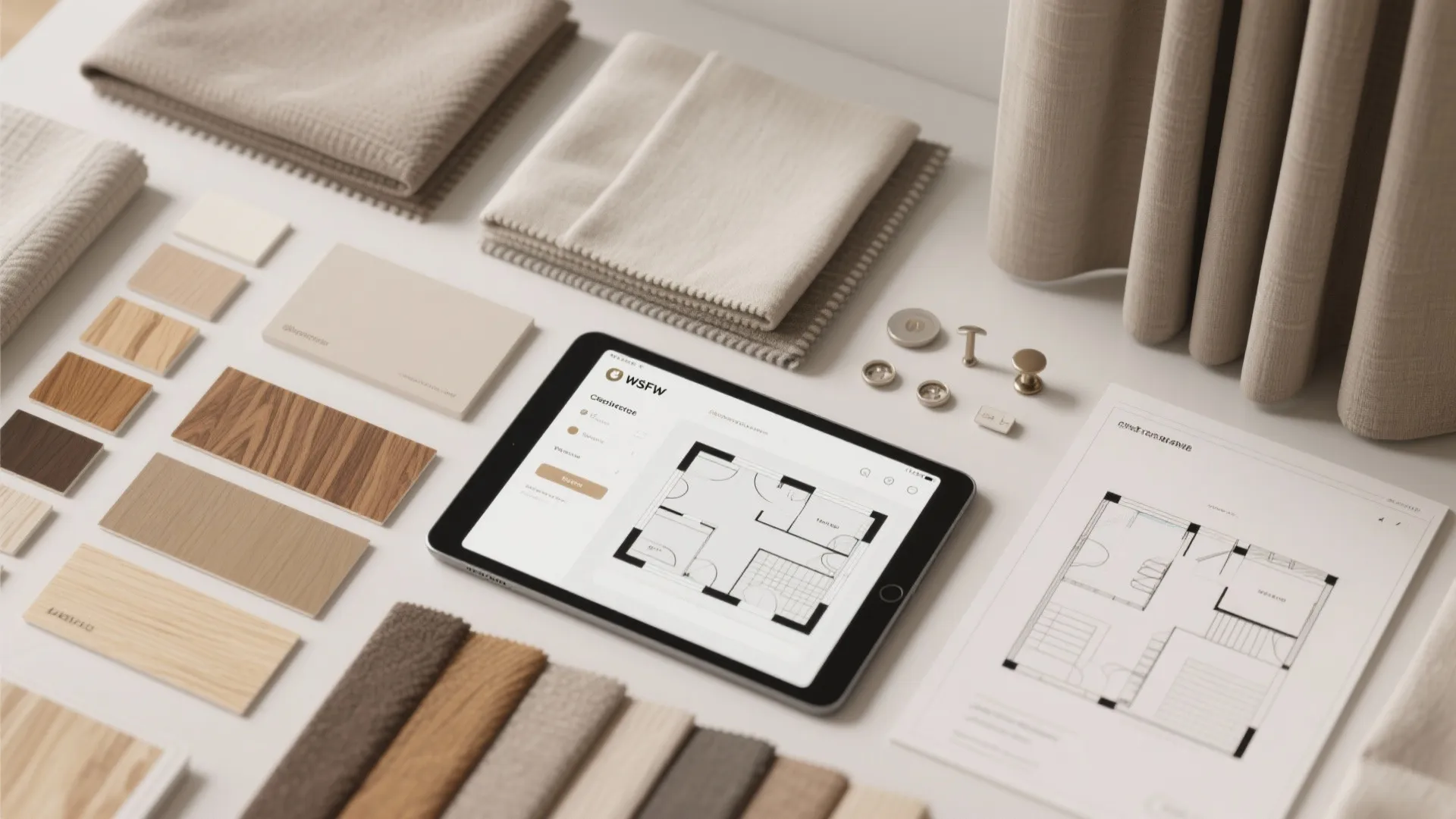 Flatlay of material swatches, paint chips, fabric samples and a tablet showing a floor plan tool