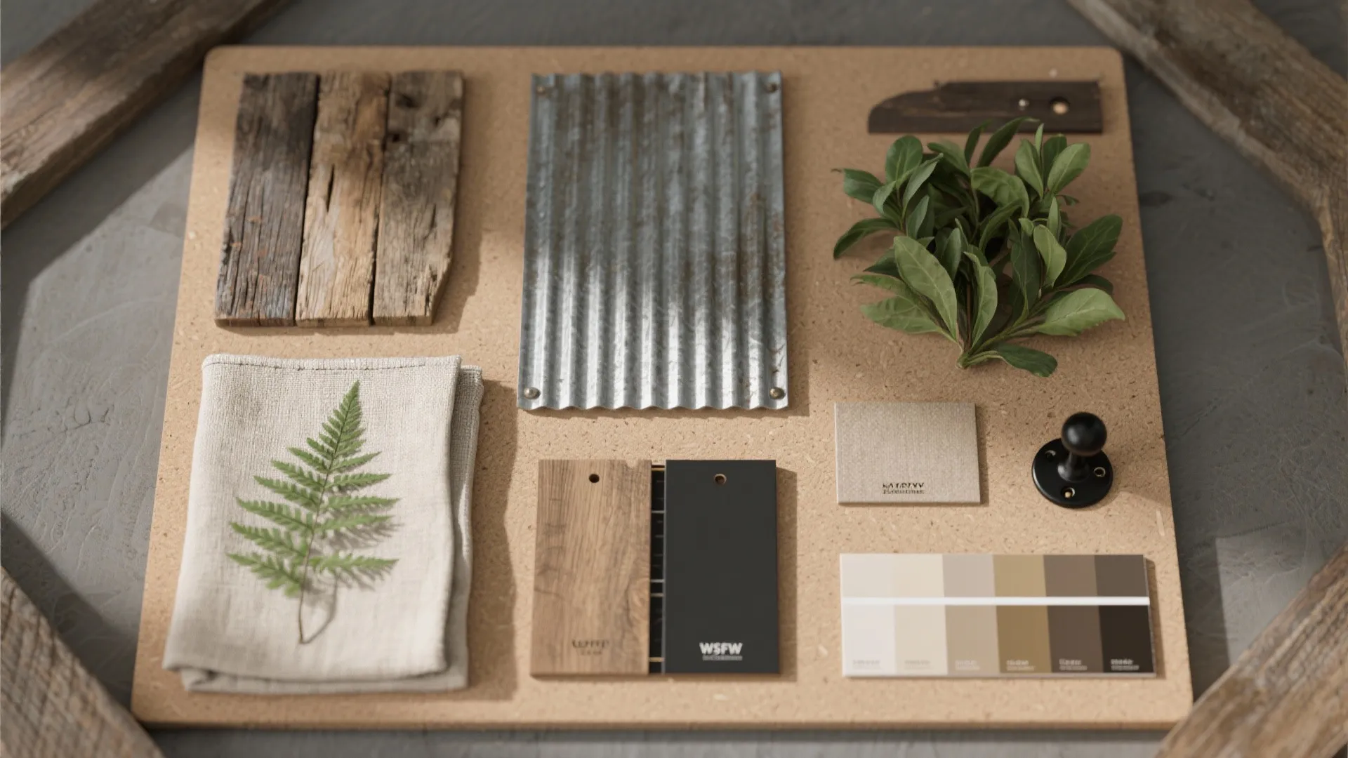 Material flatlay featuring wood, metal panel, linen fabric and matte hardware samples for a barndominium palette.