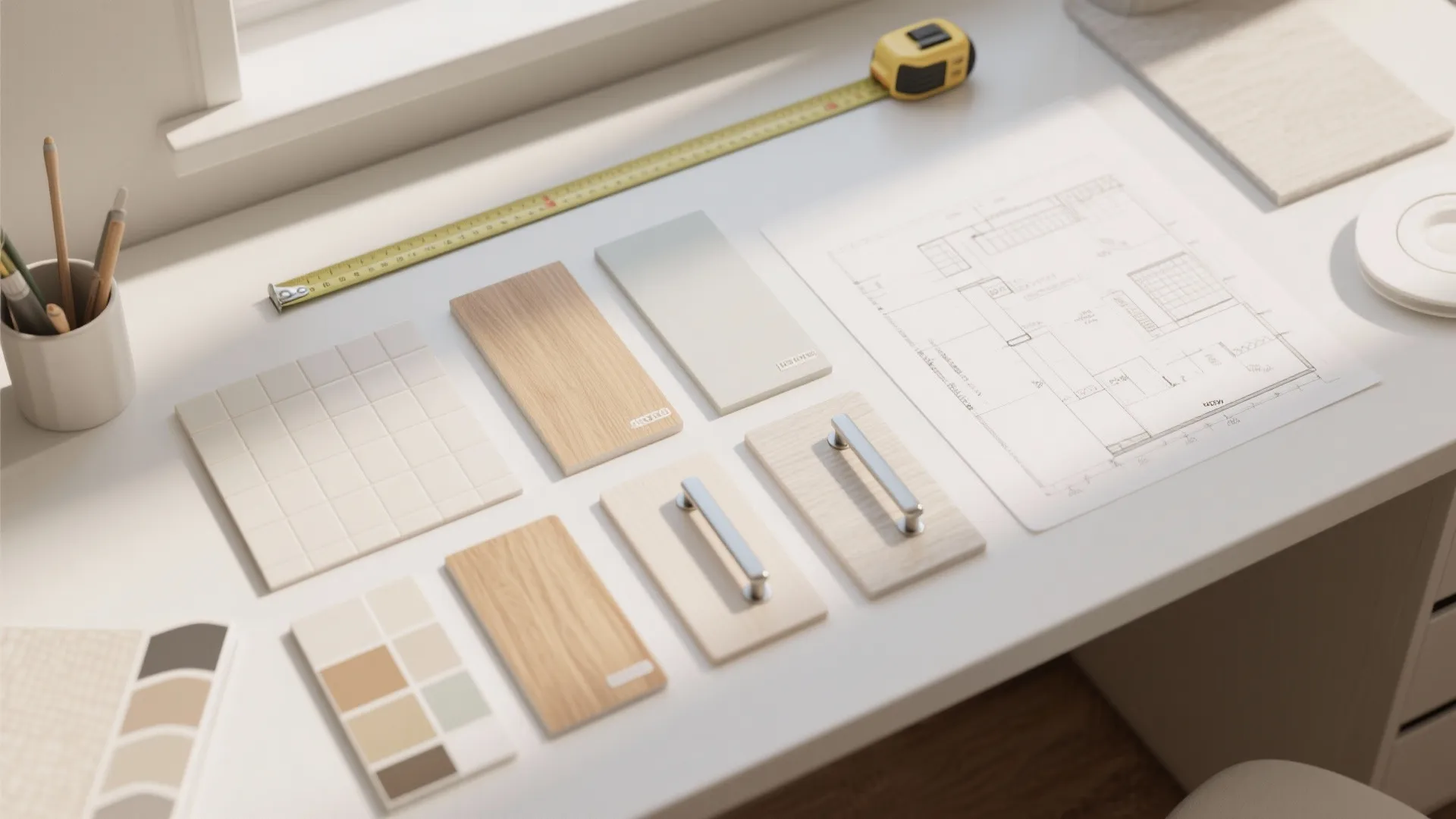 Flatlay of paint chips, wood samples, and planning tools for small-space upgrades
