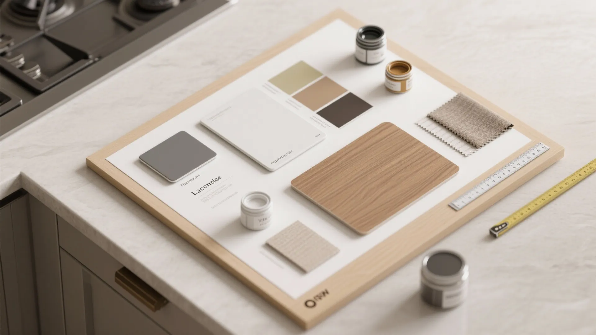 Flatlay of cabinet material samples including paint chips, lacquer and wood veneer for planning.