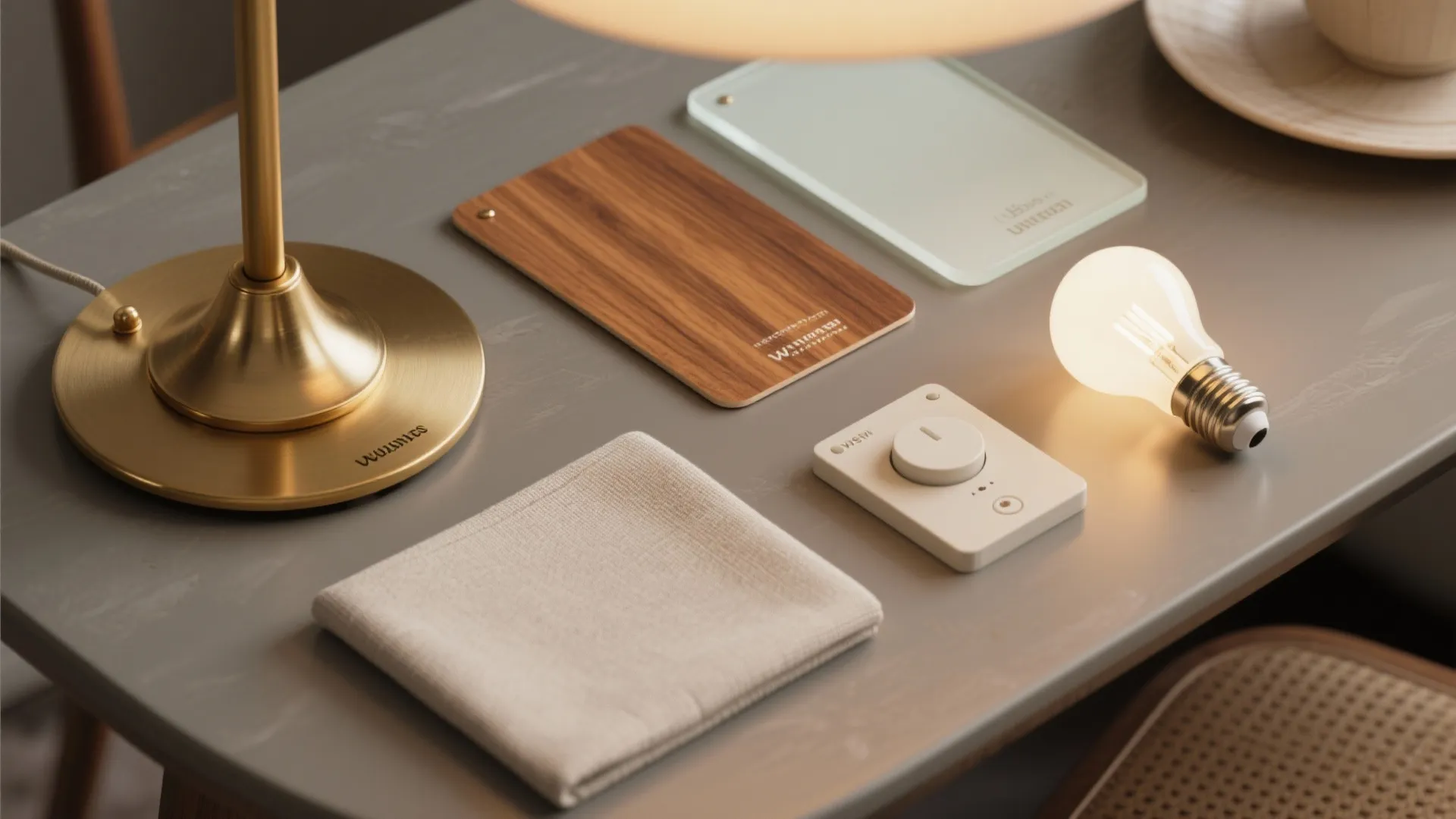 Desk with brass table lamp wood sample glass panel light bulb switch and beige fabric