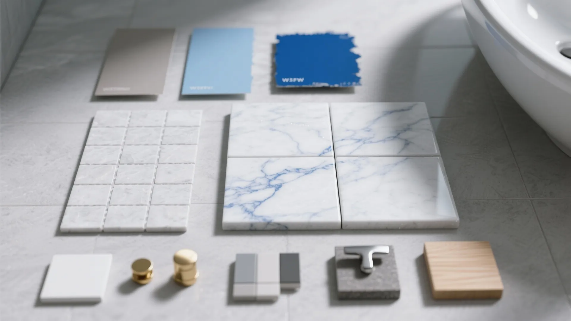 Interior design material board showing blue marble tiles color swatches gold hardware and wood samples