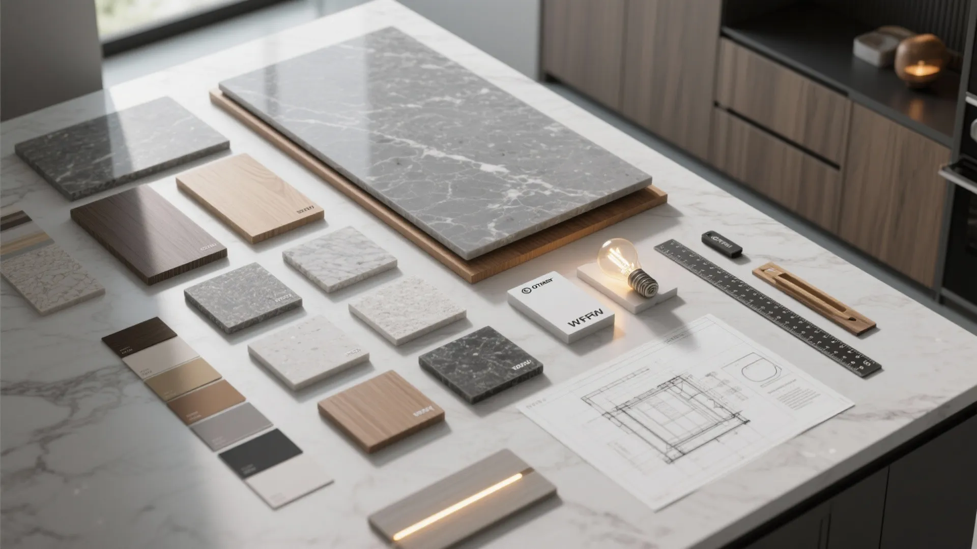 Flatlay of grey quartz slabs, wood swatches and lighting samples for design planning