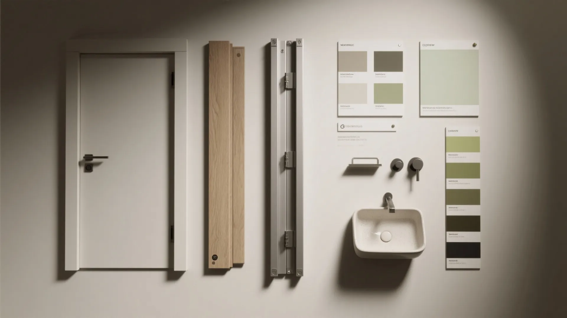 Flatlay of door profiles, pocket track, bi-fold hardware and finish swatches for narrow bathrooms