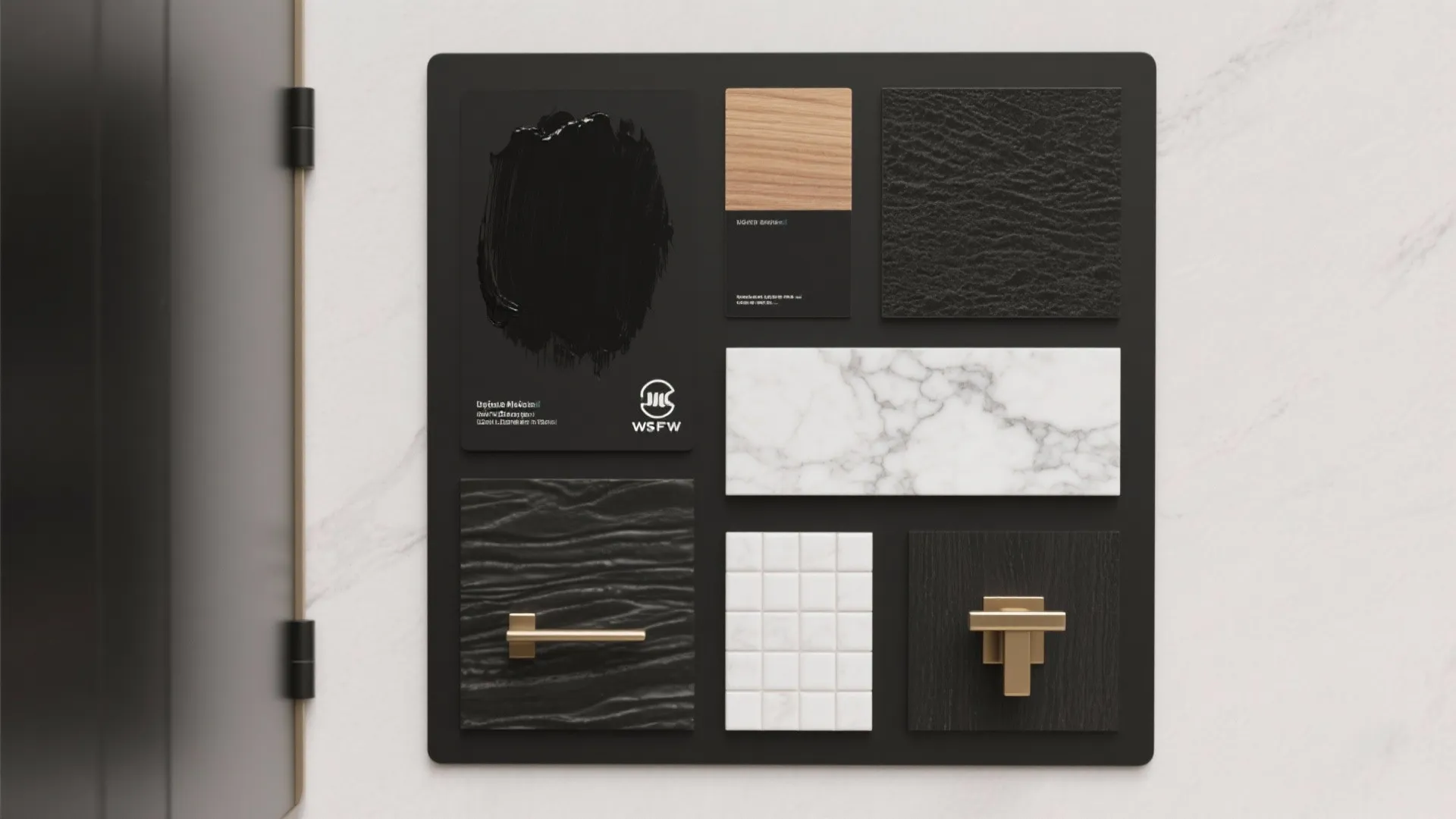 Interior design material board featuring wood samples marble tiles black fabric and gold cabinet metal handles
