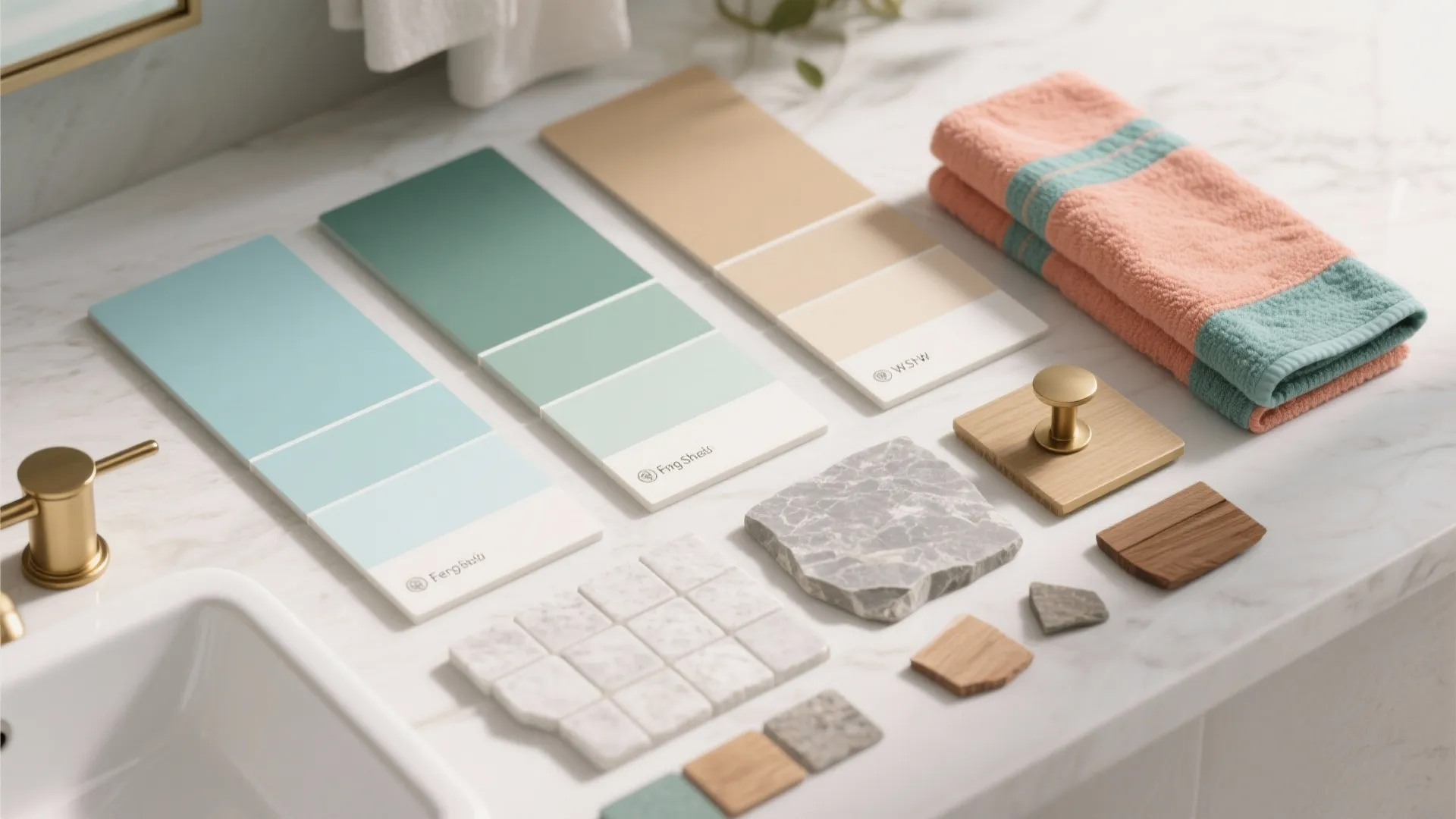 Interior design material samples including color palettes, tiles, stone, wood pieces, and a colorful towel