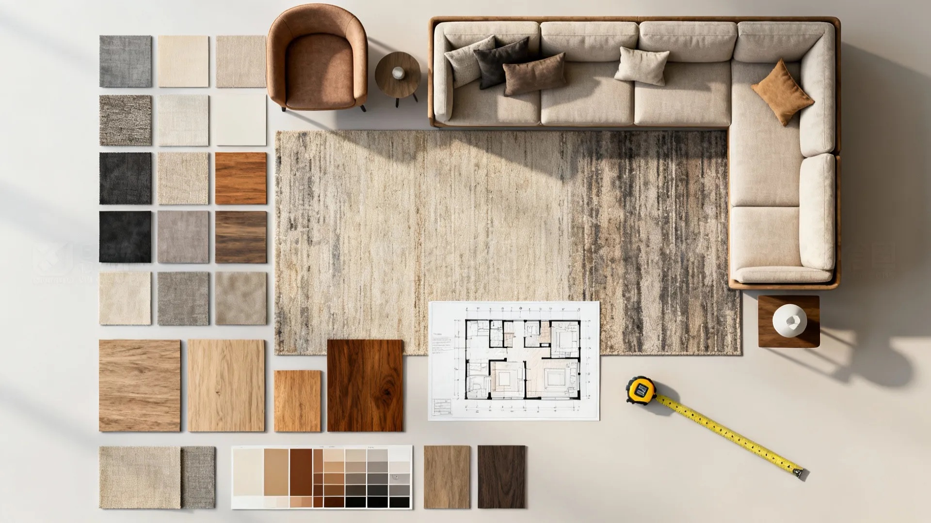 Flatlay of material swatches, rug samples and layout sketches for planning an L-shaped living room