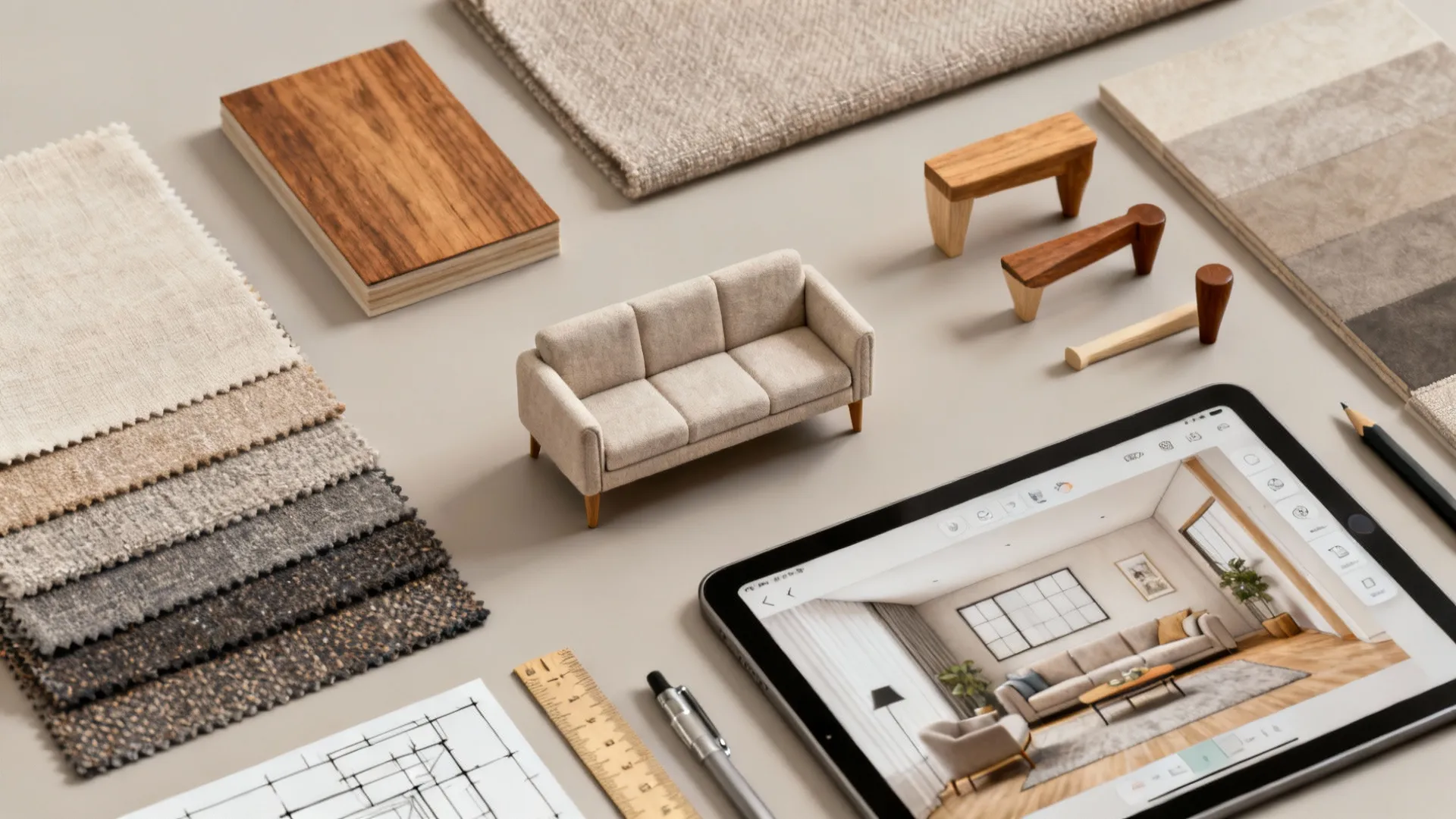 Flatlay of fabric swatches, wood samples, and a tablet with a room planner for small-living design