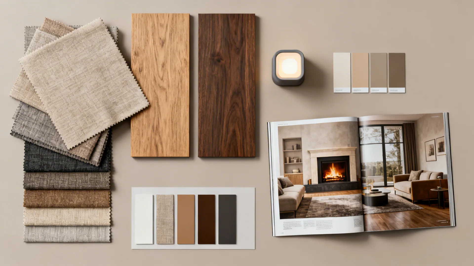 Interior design material board with fabric samples wood boards color paint cards and open magazine