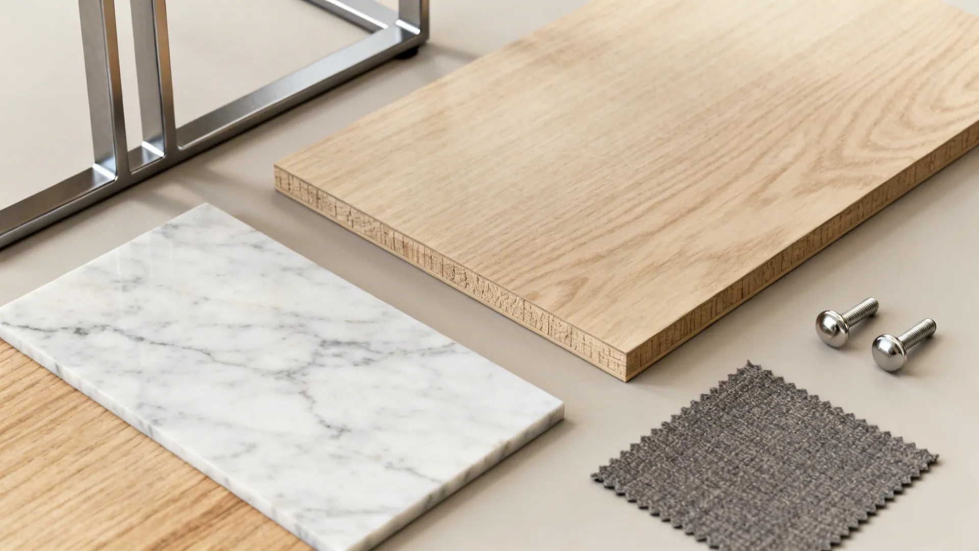 Flatlay of material samples and color swatches for end table finishes including wood, metal, and marble.