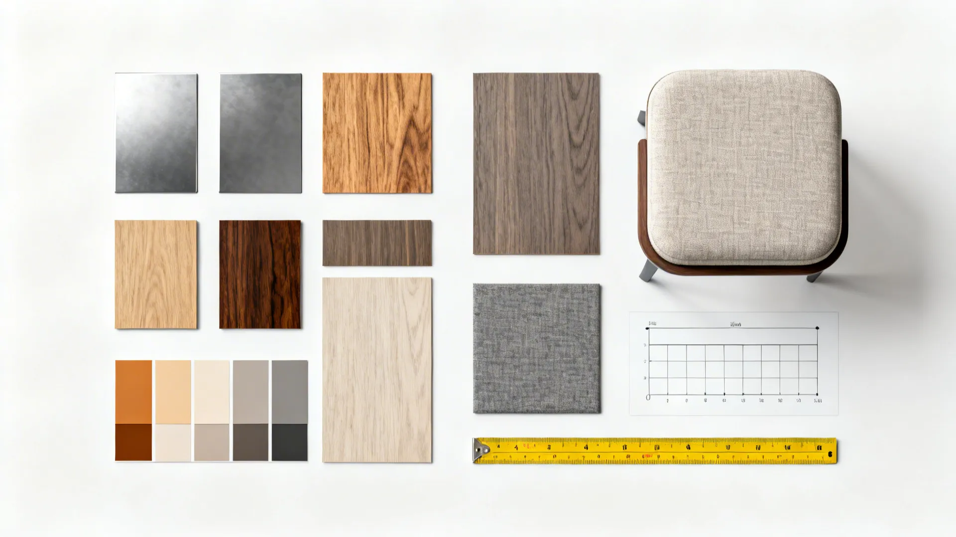Flatlay of material swatches: powder-coated steel, wood, laminate and fabric samples with measuring tape.