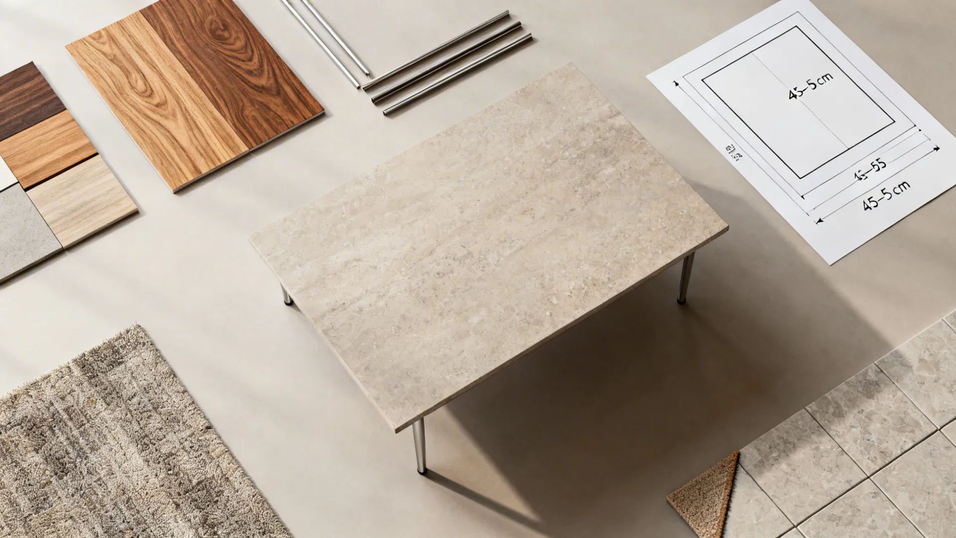 Material board showing stone table top wood floor samples tile textures and technical furniture drawing