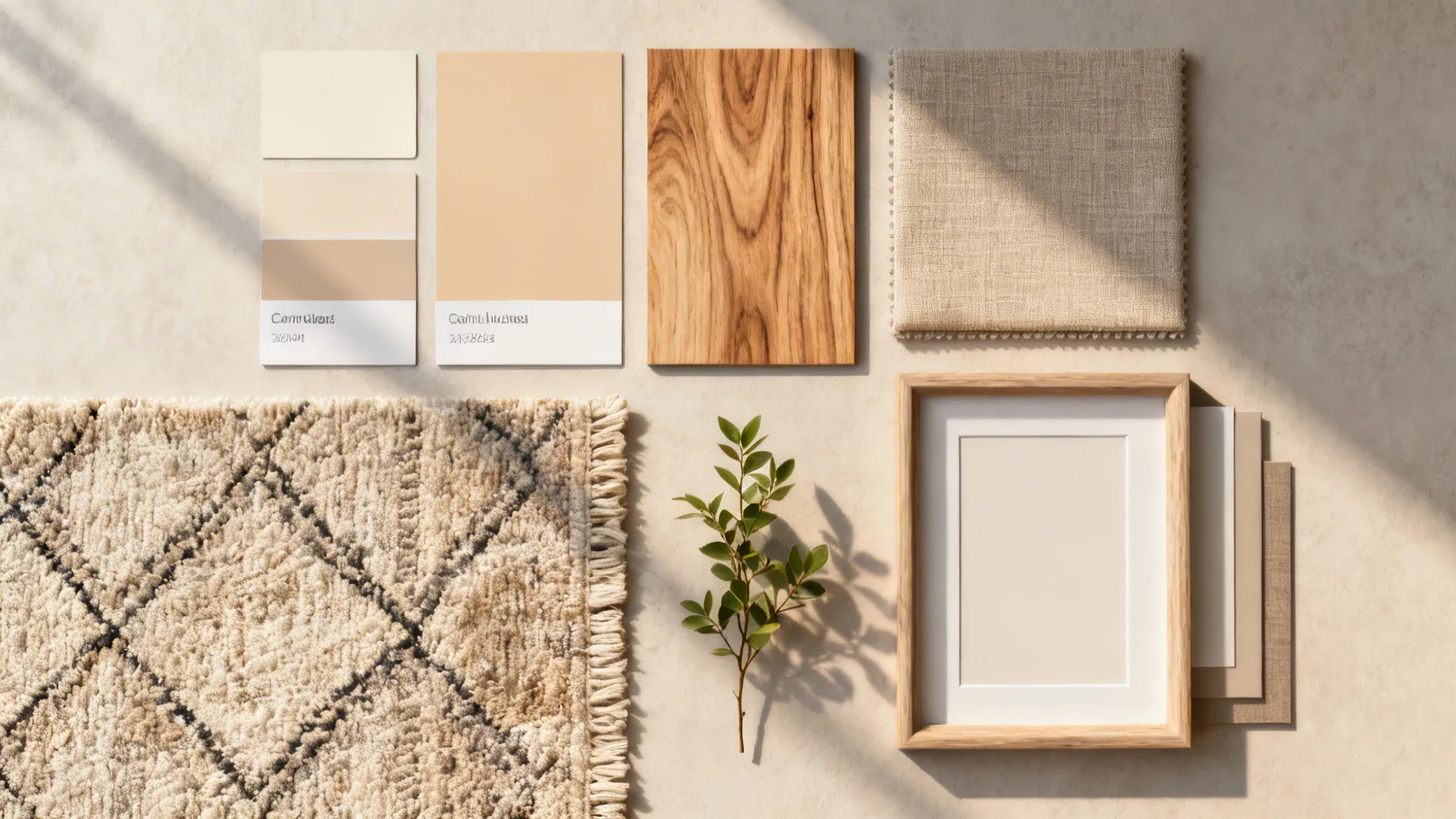 Flatlay of color and material samples for a warm neutral small living room design.