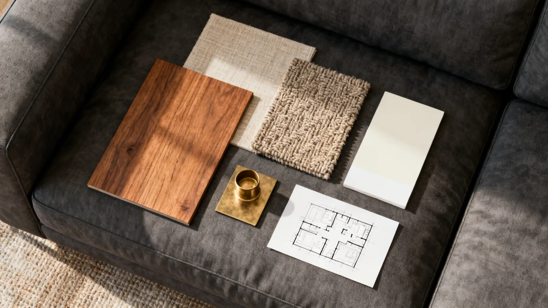 Top-down flatlay of wood, fabric, brass samples and paint chips for styling a dark grey sofa room.