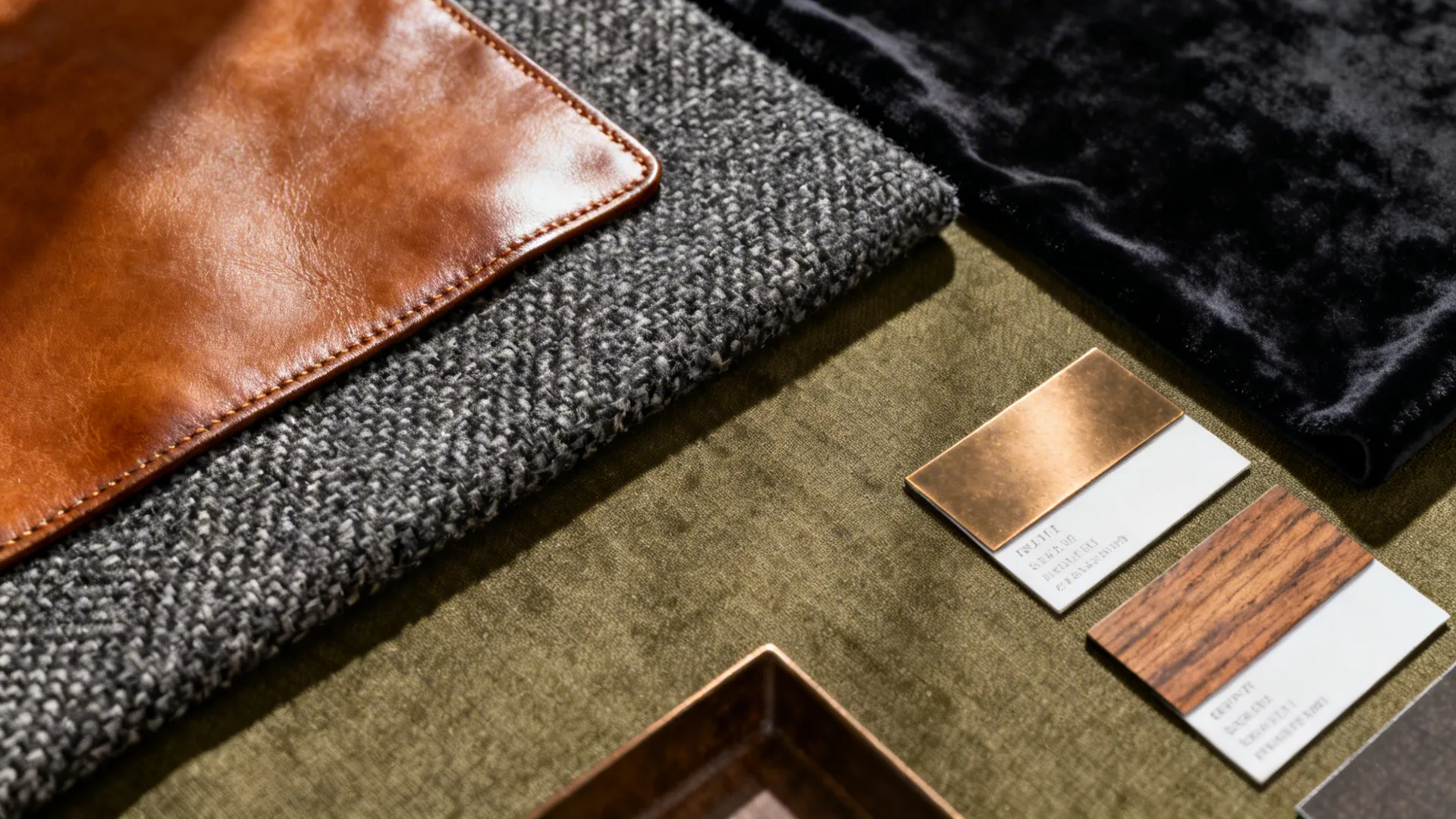 Material samples including brown leather grey fabric black velvet wood and metal on green cloth