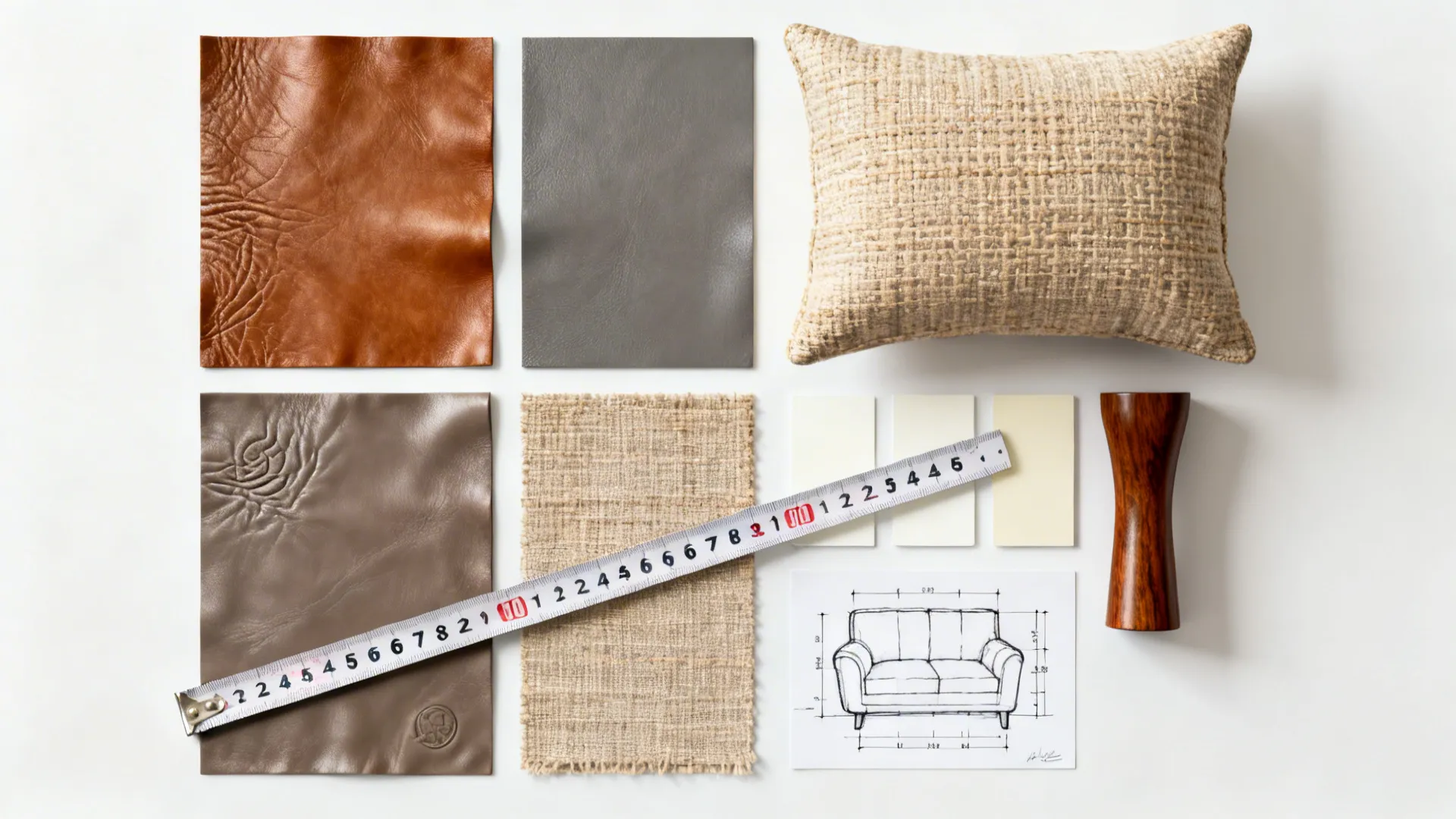Flatlay of leather swatches, fabric samples, wood sample and measuring tape for sofa planning