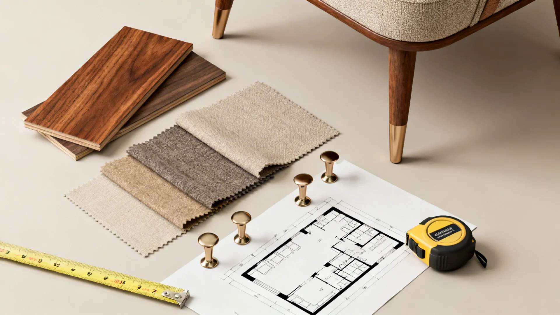 Flatlay of wood and fabric swatches, metal finishes, and a simple floorplan for mid century chairs