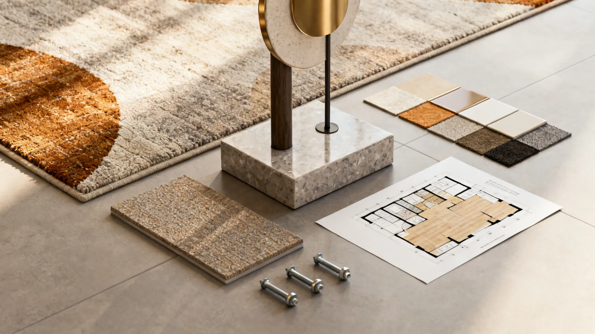 Flatlay of material swatches, hardware, and a small floorplan showing practical tips for choosing large decor.