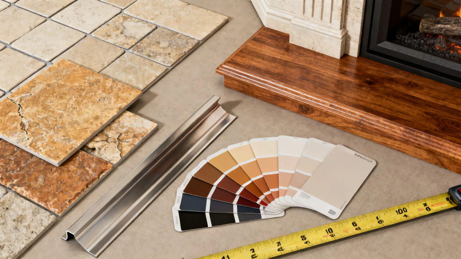 Stone floor tiles metal trim color samples and measuring tape near a wooden fireplace base