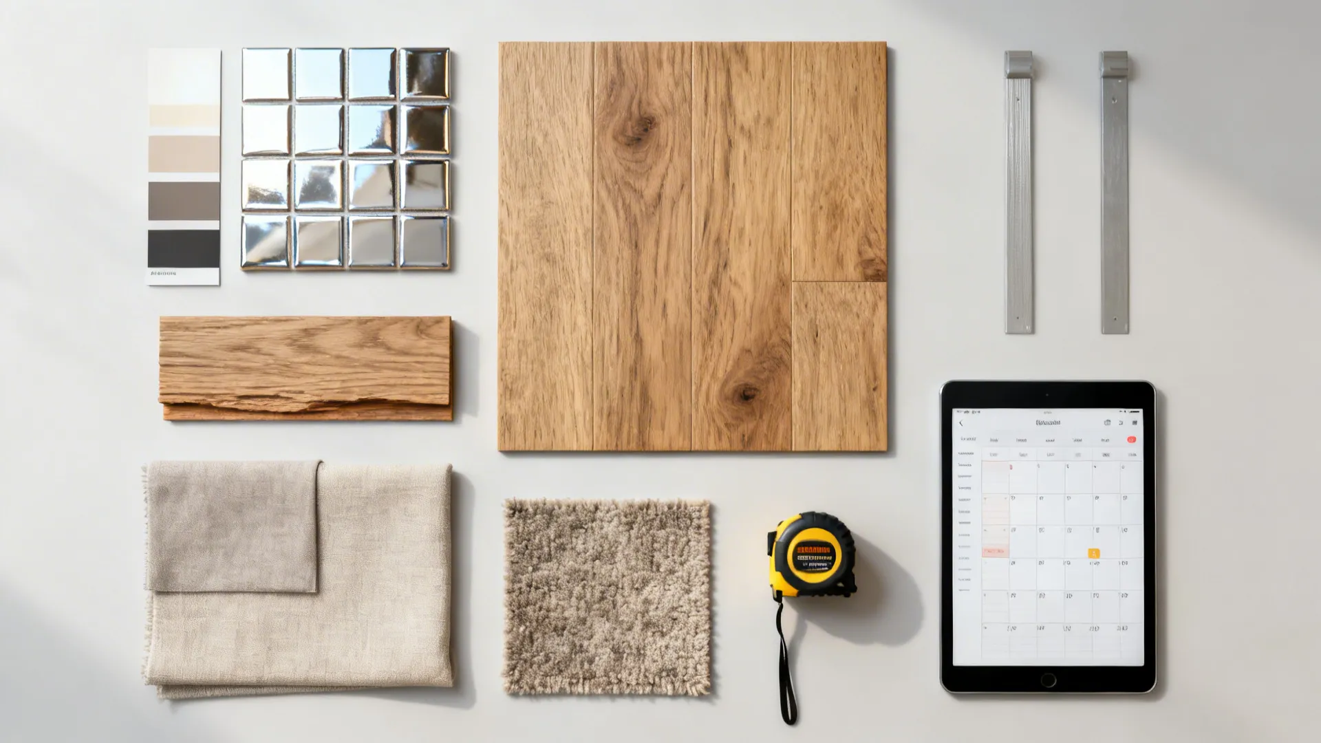 Top-down flatlay of light color swatches, wood samples, rug swatch and a tablet with a floor planner.