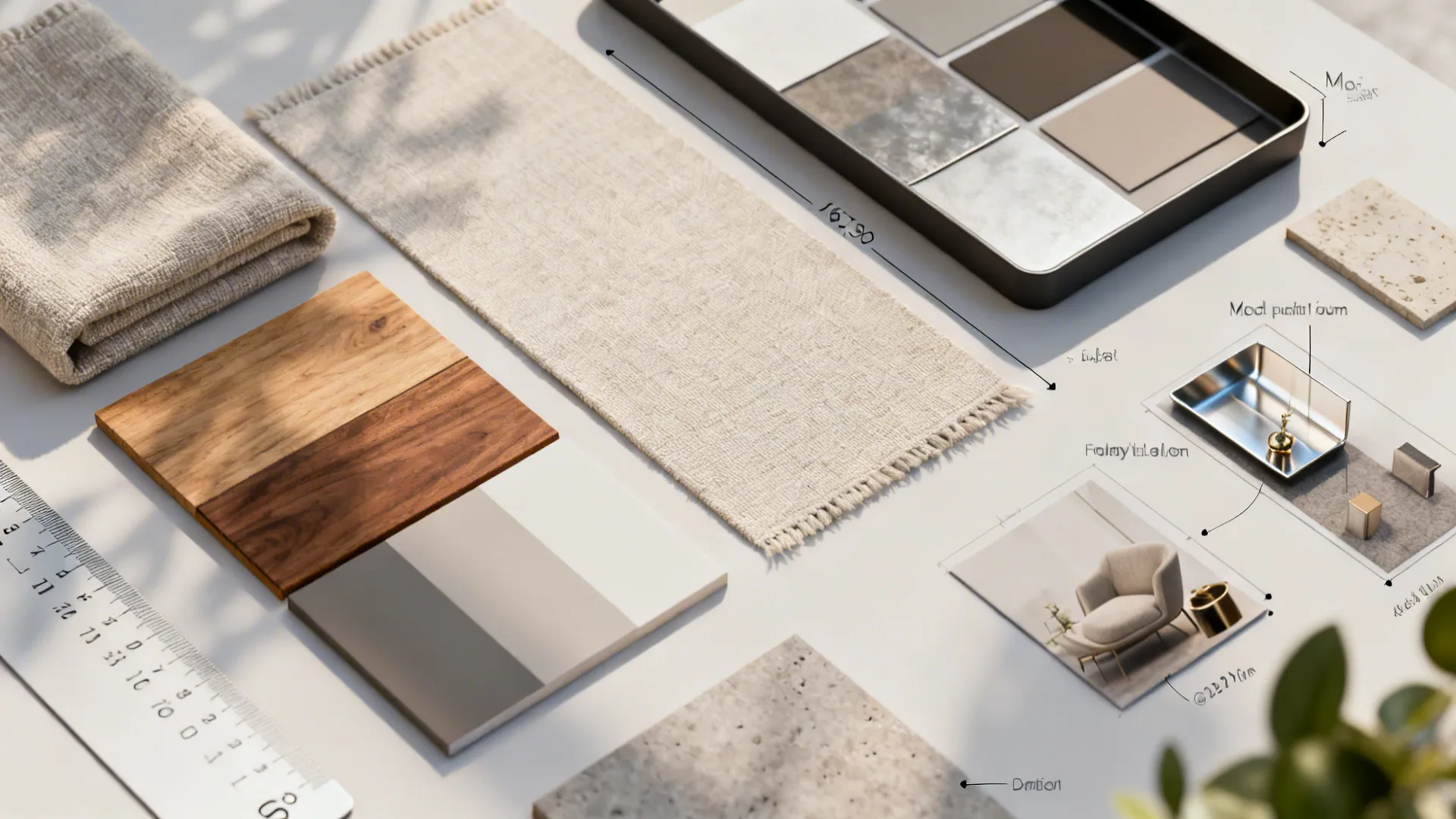 Top-down flatlay of material swatches and color palette for small living room design