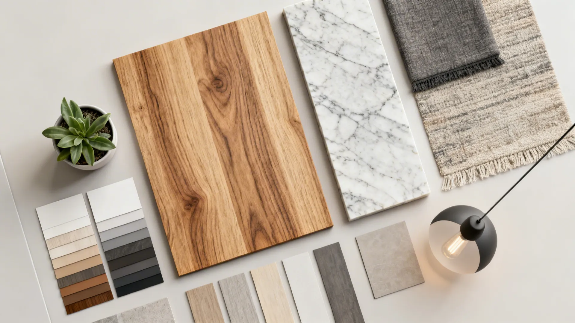 Top-down flatlay of material samples for an open kitchen and living room scheme