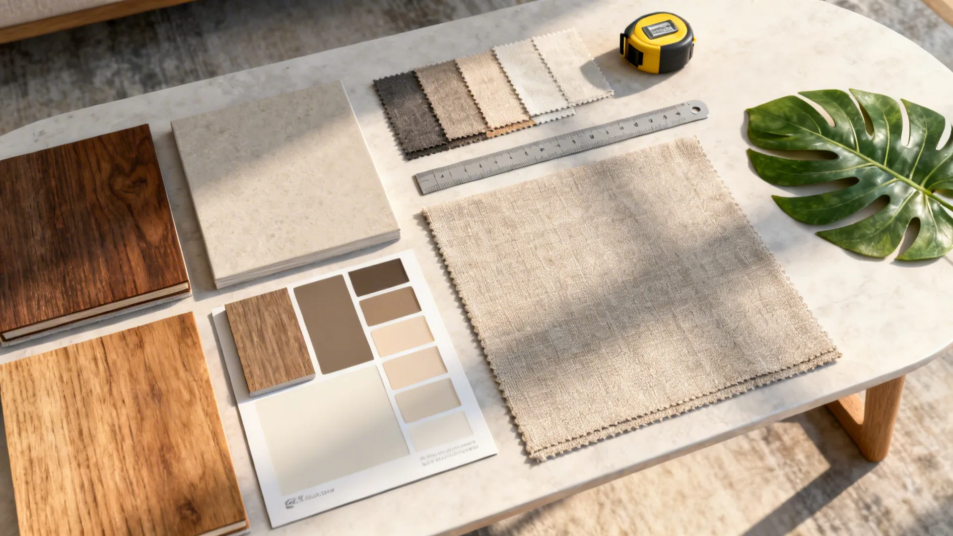Flatlay of wood and fabric swatches, paint chips and measuring tape for coffee table planning