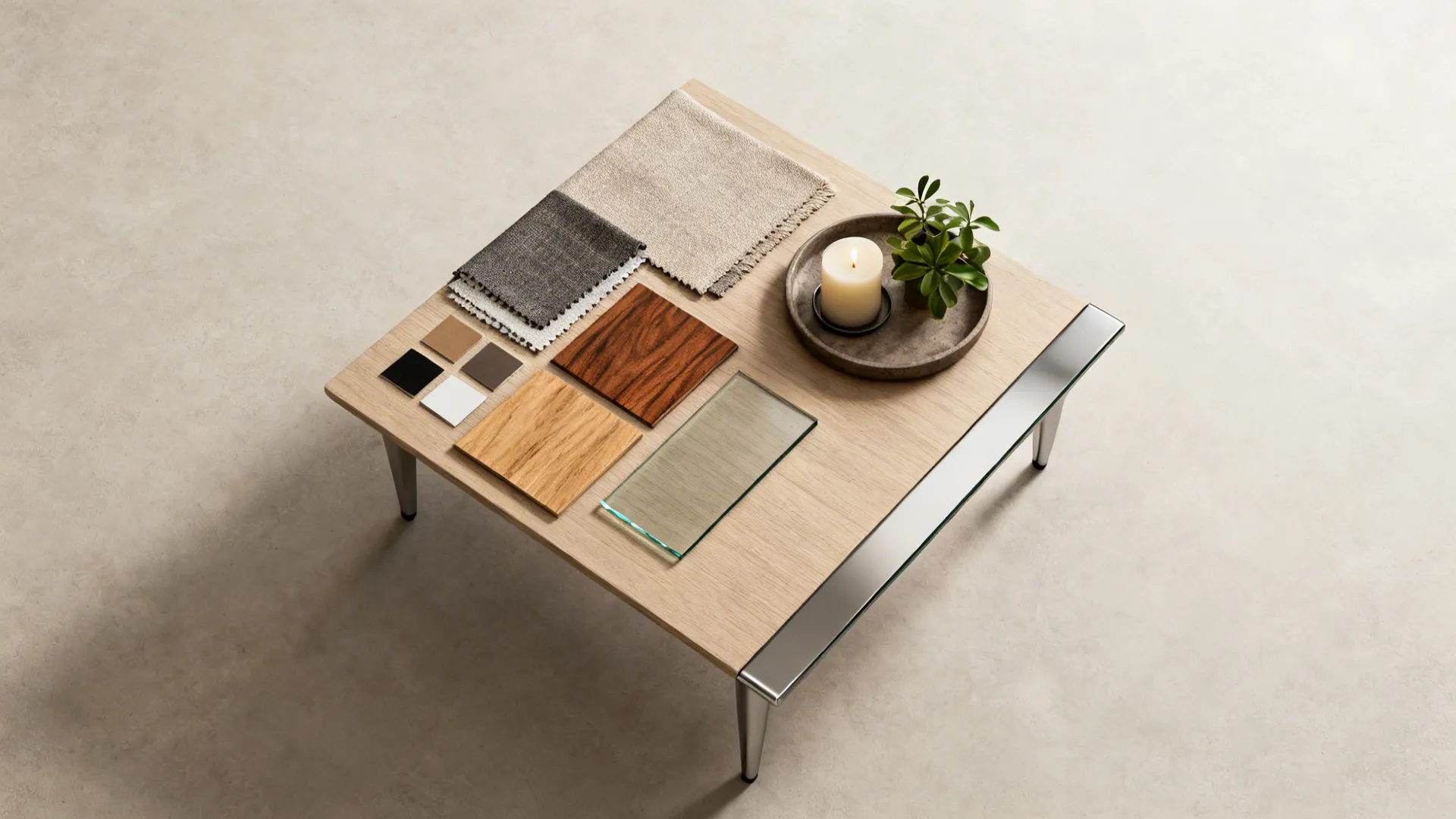 Flatlay of material samples for small coffee tables including fabric swatches, wood veneer and glass edge sample.