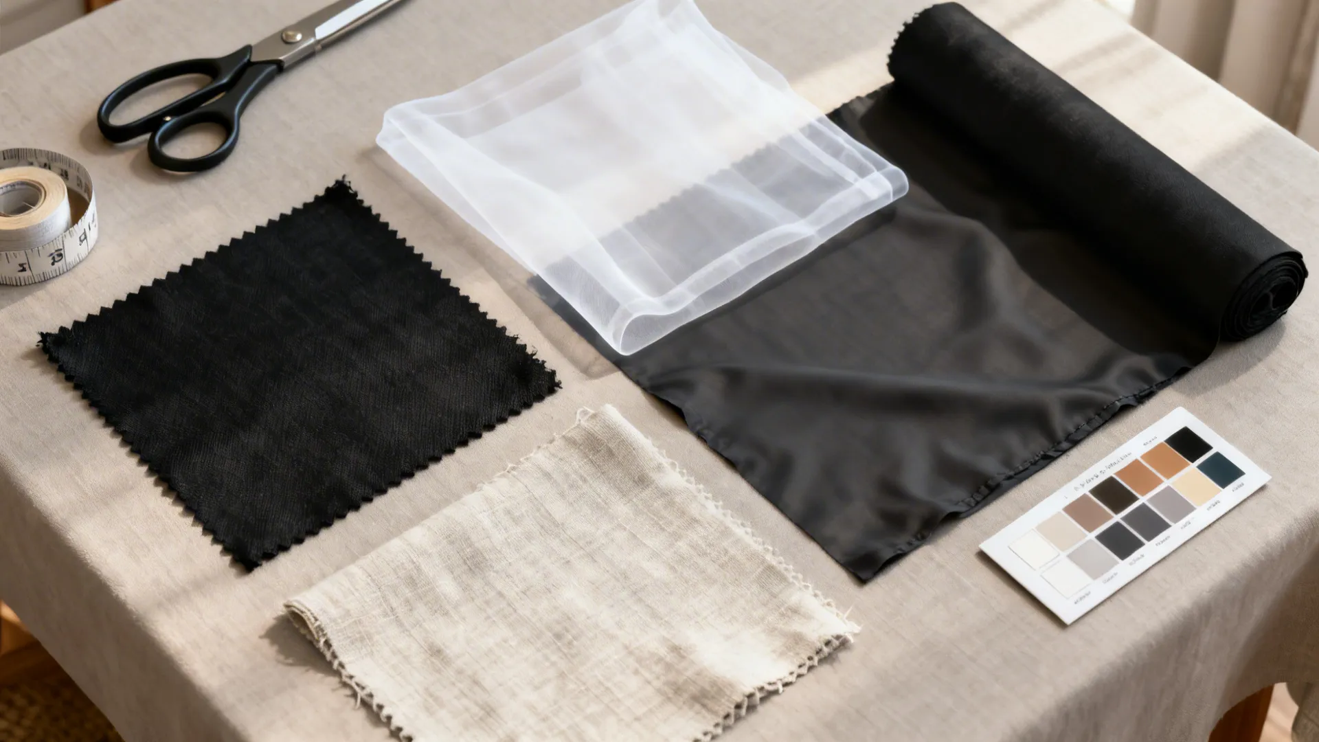 Flatlay of black and white curtain fabric swatches, blackout lining, and measuring tools