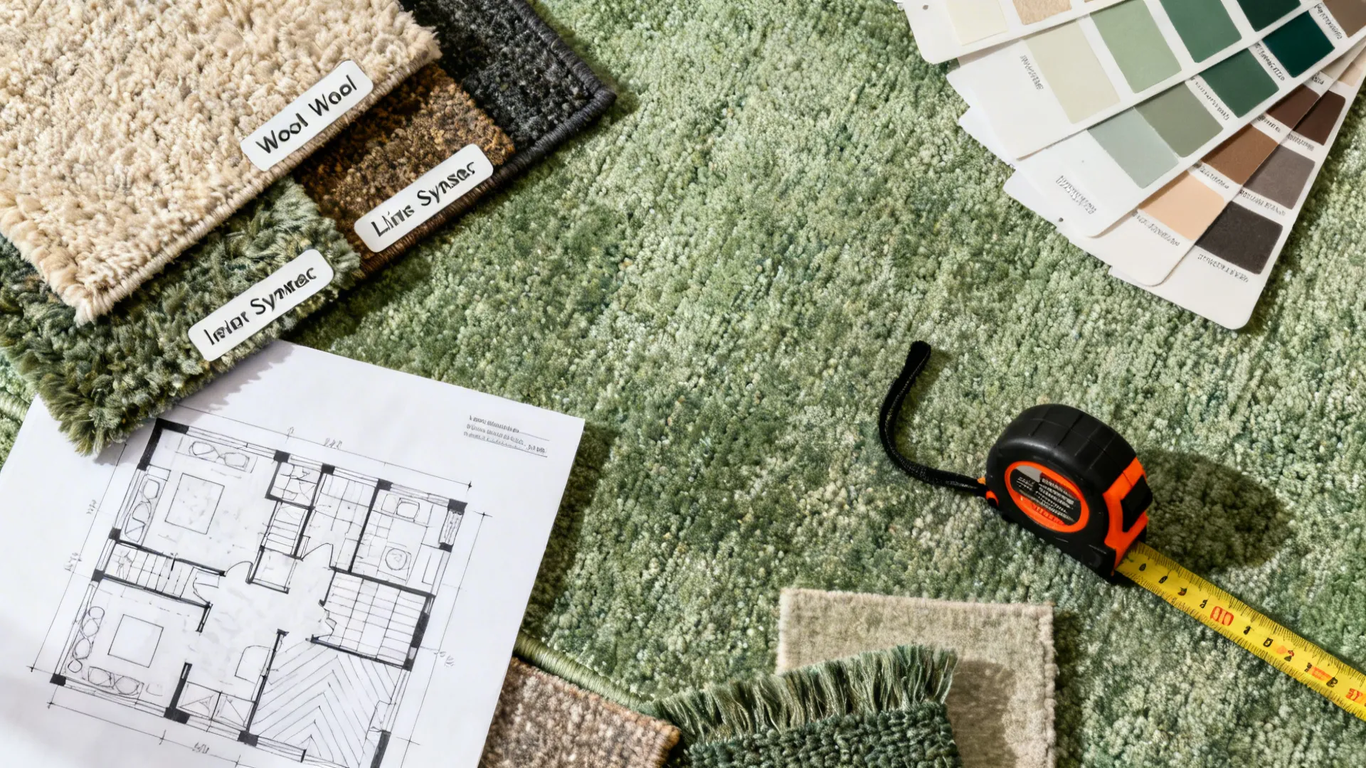 Flatlay of rug material swatches, a tape measure, and a floor plan sketch for planning rug sizes