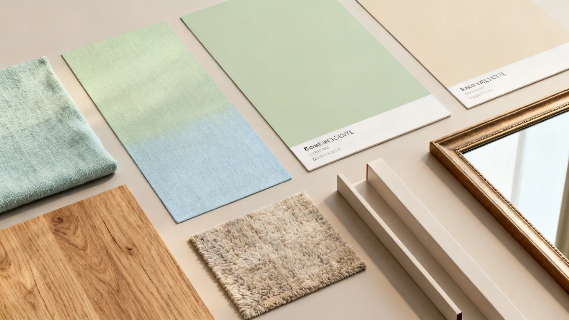 Material and color swatches for a calm small feng shui bedroom design.