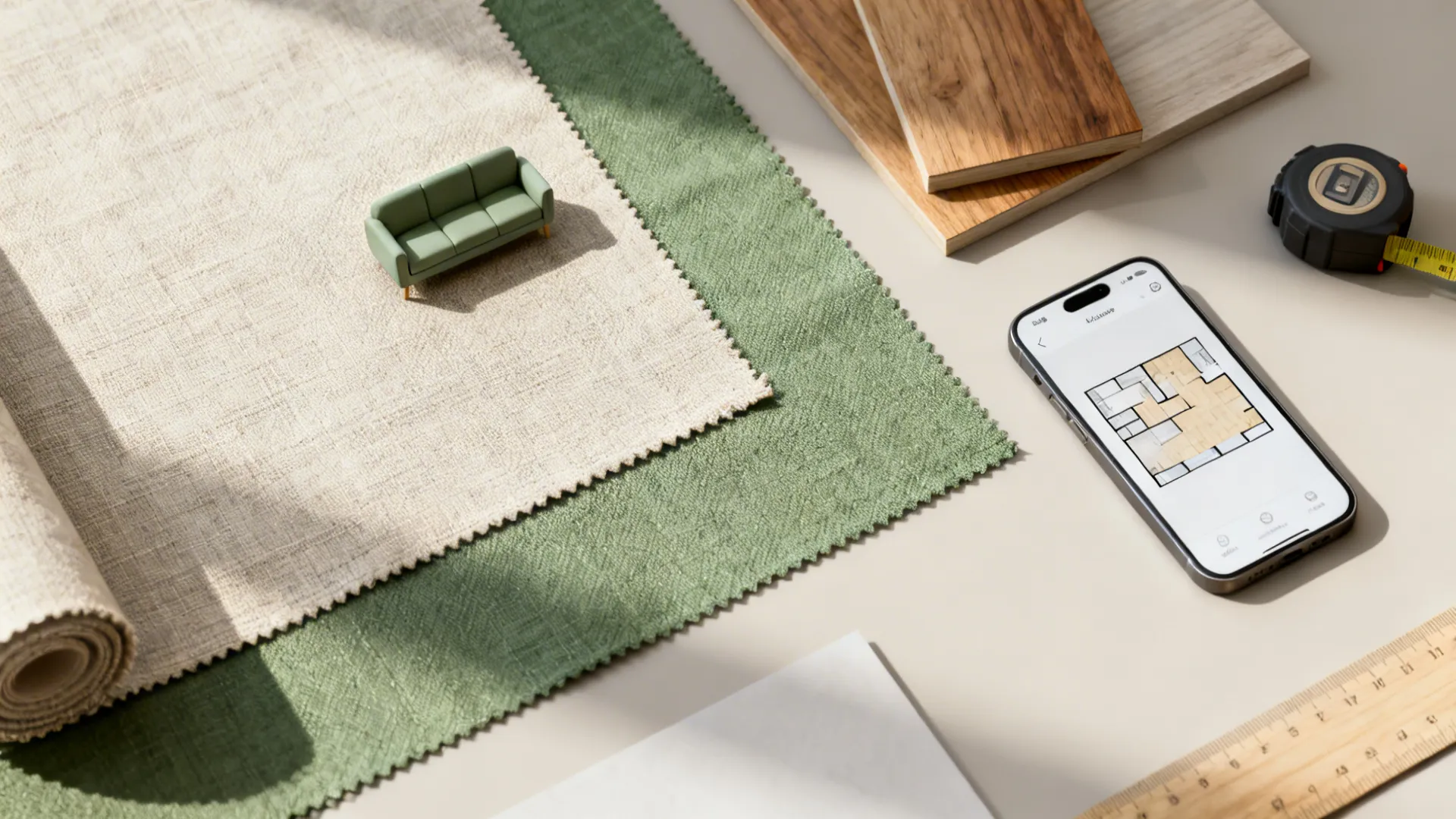 Flatlay of fabric swatches, wood samples and a phone with a floor planner for small-room planning.